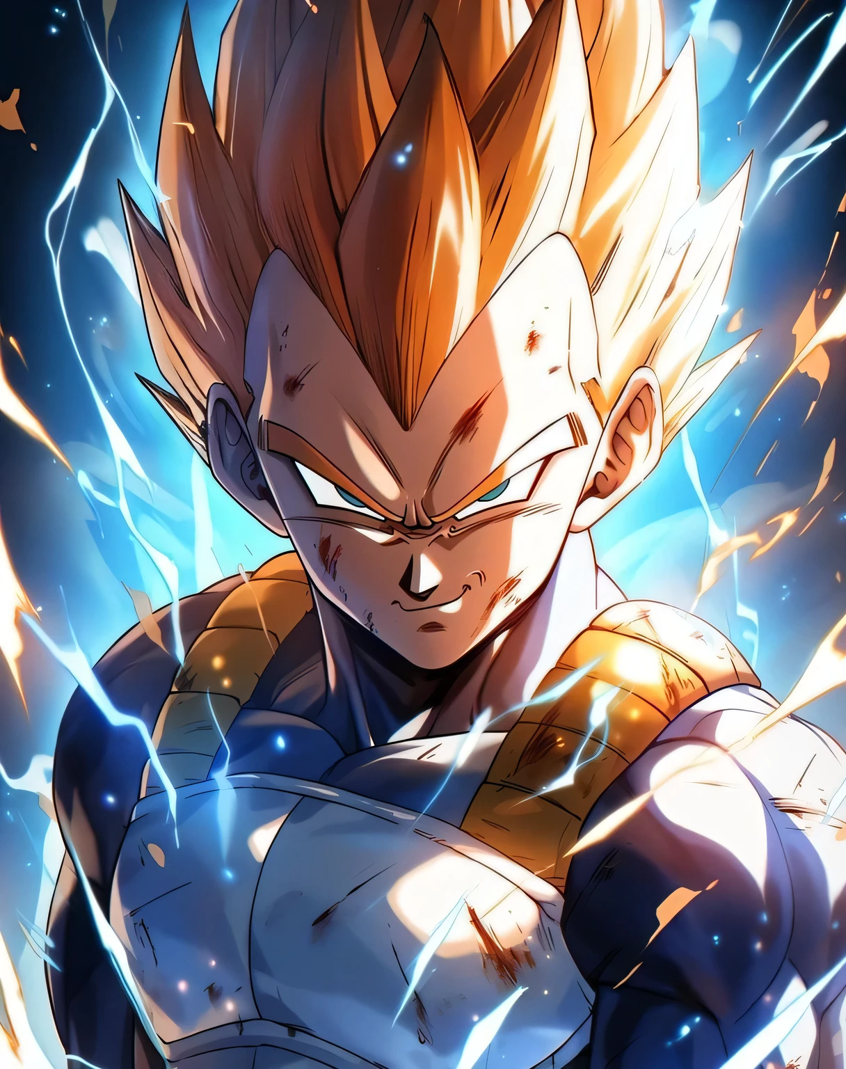 Ultra-realistic version of Vegeta, Ultra-detailed, Surreal   、Sky blue sparkling hair