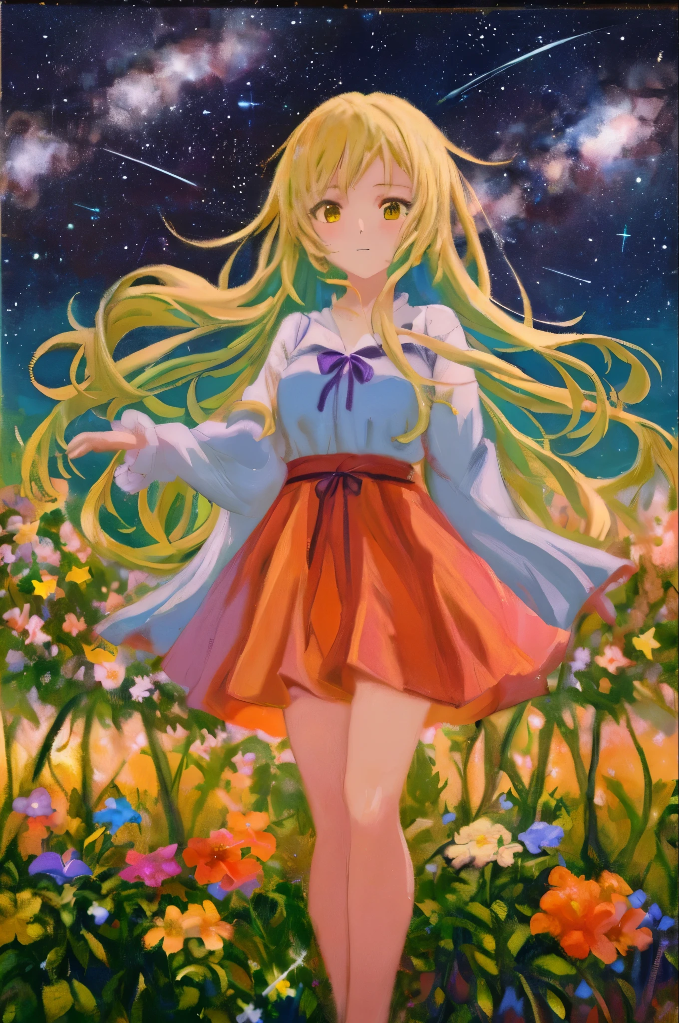 Close-up shot, Anime Girls , Stand on land,Night view ,Many stars shining in the night sky,milky way ,Colorful flowers,Headshot closeup, Oil painting style, Very clear oil painting brushstrokes, Impressionist palette style, 32k uhd, beautiful, tomorrow, past, Color manga --ar 3:4 --
