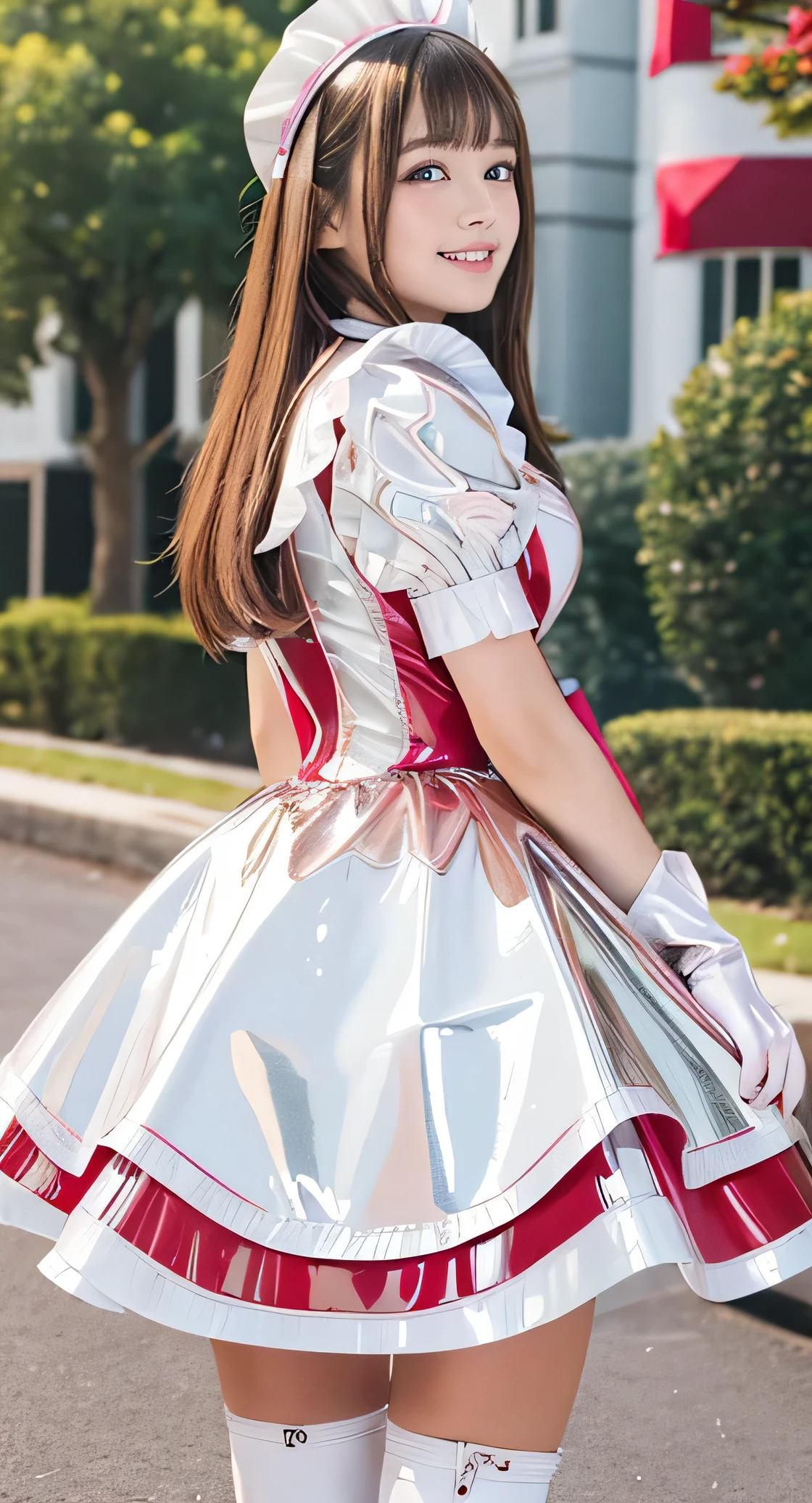 Angelic very beautiful cute young girl,
Beautiful detailed eyes, (5 yo:1.3),(clear-eyed:1.3),
Detailed double eyelids,
(Soft Saturation), 
(Fair skin: 1.3),v-line jaw,
(Large eyes:1.4),
Long straight brown hair, 
see-through bangs,
Sharp Focus,
beautiful detailed face and eyes, 
drooping eyes,
small straight nose,
small mouth, 
happy smiling with visible teeth, 85mm lens, F/8.0,BREAK  (Super shiny white and metallic red pink PVC maid costume :1.5),(realistic photograph:1.4),Walking,Brown hair ,(Costumes with strong reflective surfaces:1.3),(lift skirt:1.2),panty,
(Best Quality:1.2),(Maid costume:1.4),
Raw photo, 
High resolution, 
perfect  detail, 
Professional Photography, 
Professional Lighting,
Powerful lighting of the costume,In the street