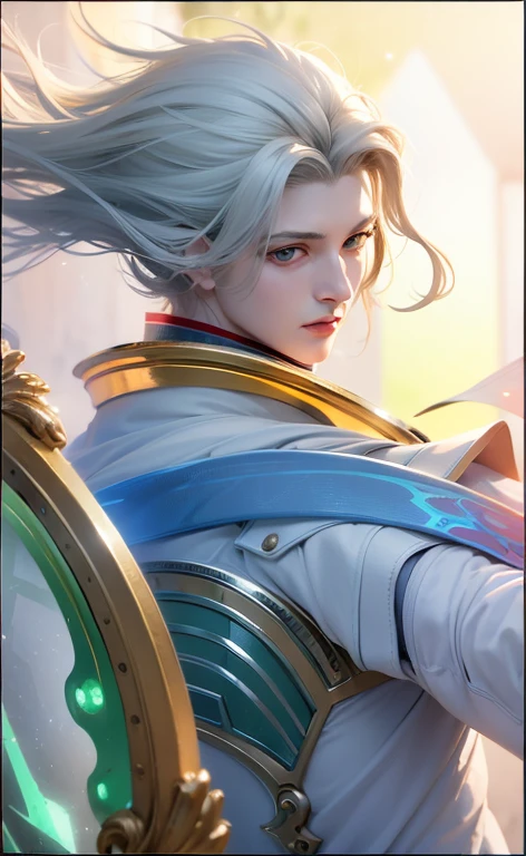 masculine male, masterpiece, ((perfect eyes)) best quality, (semirealism:1.9), beautiful lighting, (extremely detailed CG unity 4k fhd wallpaper), High Detail, Sharp focus, dramatic outdoors, 1 boy ,19 years old, white hair, light purpel eyes, smile.