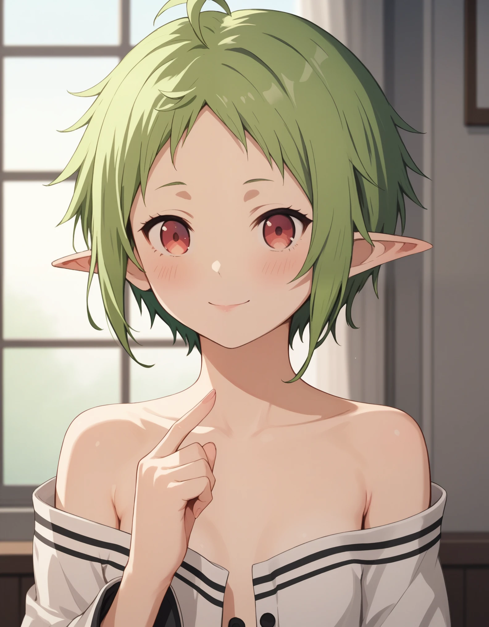 ((A cute boy))　green colored hair　red eyes　Elven ears　Uplifted face　Teary-eyed　I was forced to take off my clothes　barechested　teats　Bedrooms　glares