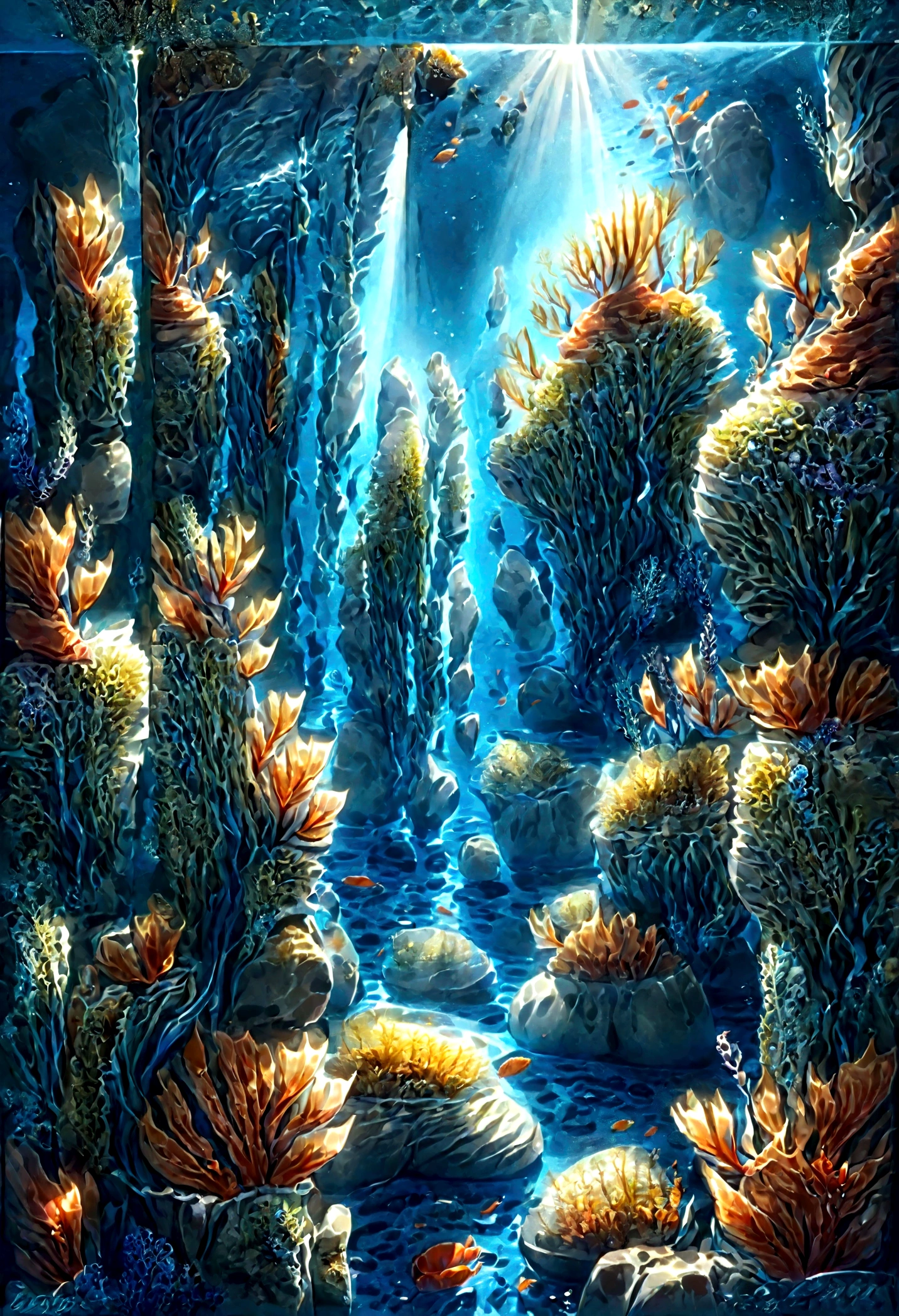 (highest quality,Super detailed,Realistic:1.37),Bright blue underwater,Seaweed,rock formations,Fantasy、mysterious、The light is hitting