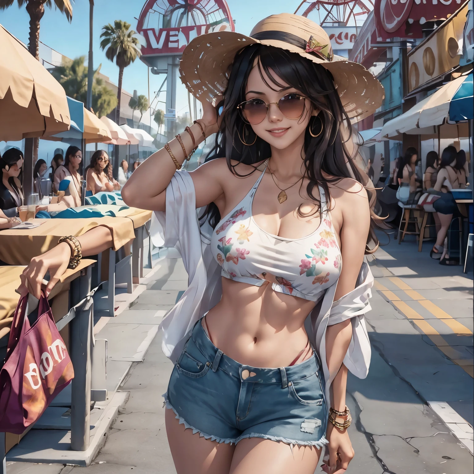 Location: Santa Monica Pier, Los AngelesAttire: Layla is dressed in a casual, beachy outfit consisting of distressed denim shorts, a cropped white tank top, and a lightweight, flowing kimono with a colorful beach print. She wears comfortable white sneakers and a pair of aviator sunglasses. Her hair is styled in loose, beachy waves, and she has a few simple bracelets on her wrist.Pose: Layla is standing near the iconic Ferris wheel on the Santa Monica Pier, holding a cotton candy cone in one hand. She is slightly turned towards the camera, with one leg playfully bent and her free hand resting on her hip.Expression: Layla's face is lit up with a bright, carefree smile, her eyes sparkling with excitement and joy as she enjoys the fun, lively atmosphere of the pier.