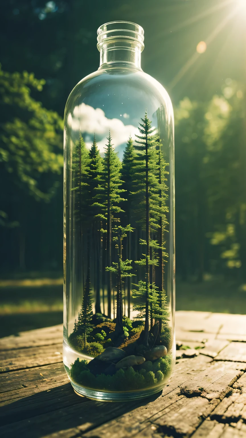 (An intricate forest minitown landscape trapped in a bottle), atmospheric oliva lighting, on the table, 4k UHD, dark vibes, hyper detailed, vibrant colours forest background, epic composition, octane render, sharp focus, high resolution isometric