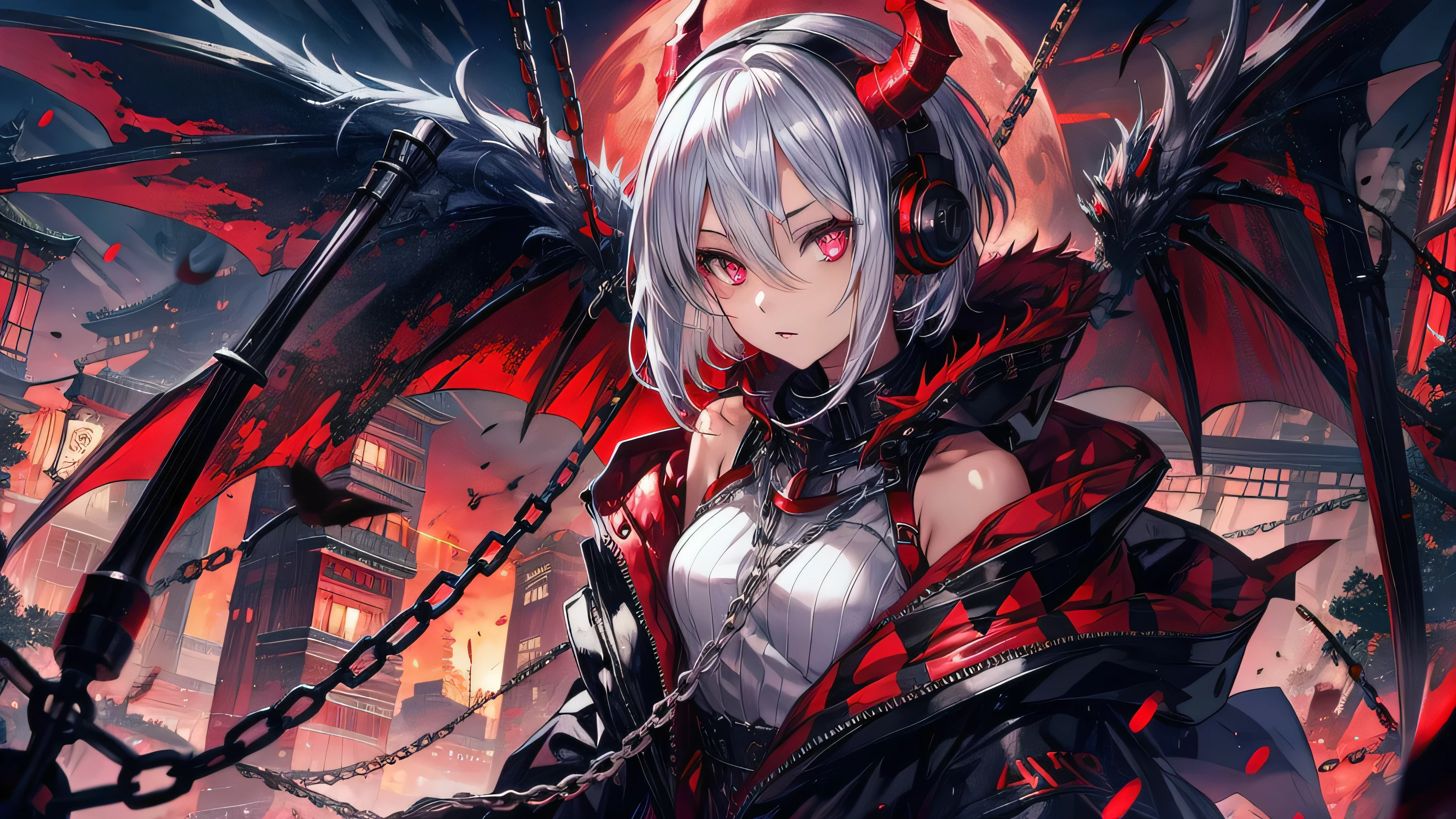 Demon, beautiful girl, short silver hair, headphones, crimson eyes, attractive, black wings, dark coat, off the shoulder, chains, red moon in background, Japanese anime style