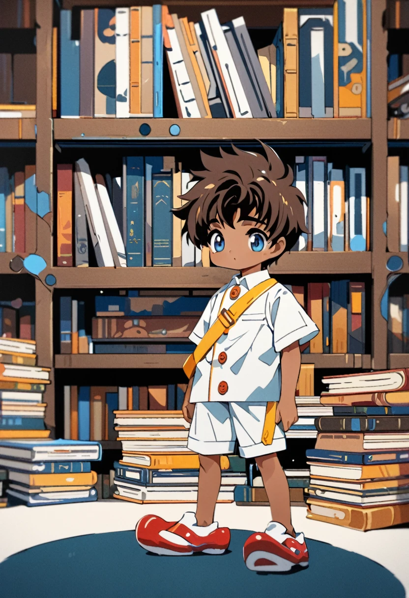 very cute 8-years-old indian kid boy, dark brown skin, blue eyes, white social shirt with collar and buttons, white shorts, white moccasins, shelf of books in the background, face concentrated, high detailed, 4K, front view, full body, CLAMP art style