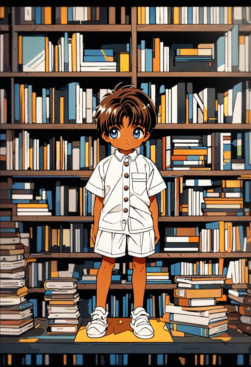 very cute 8-years-old indian ??? boy, dark brown skin, blue eyes, white social shirt with collar and buttons, white shorts, white moccasins, shelf of books in the background, face concentrated, high detailed, 4K, front view, full body, CLAMP art style