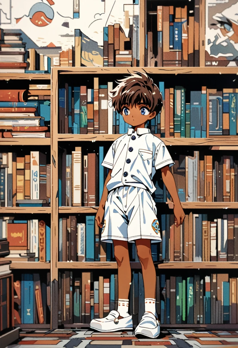 very cute 8-years-old indian kid boy, dark brown skin, blue eyes, white social shirt with collar and buttons, white shorts, white moccasins, shelf of books in the background, face concentrated, high detailed, 4K, front view, full body, CLAMP art style