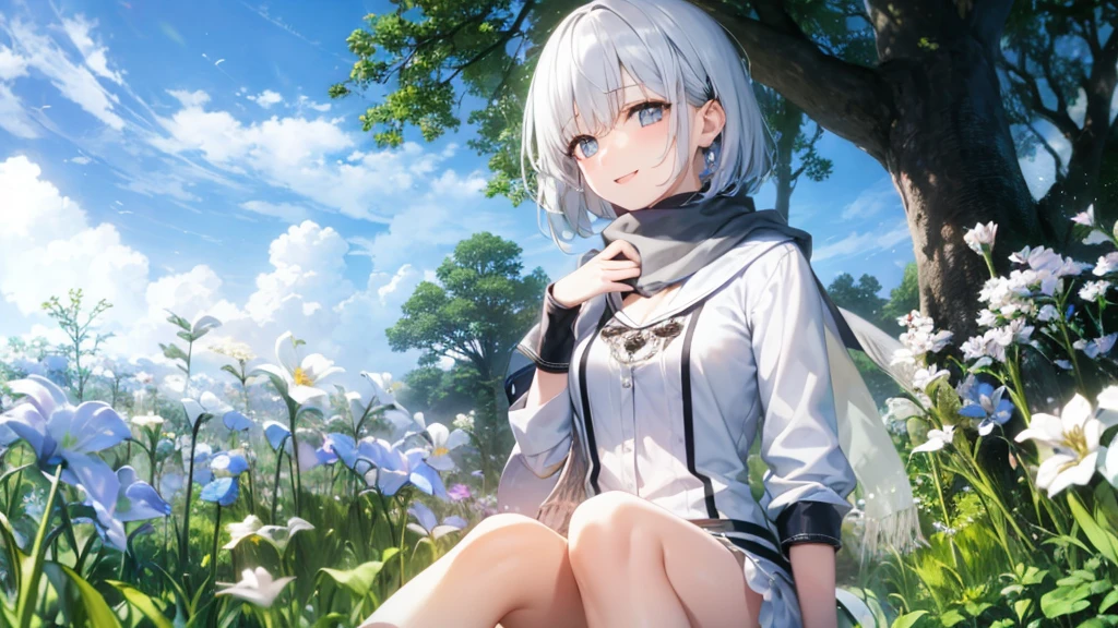 Her eyes were shining、Mysterious and enchanting atmosphere。With AI Painting、とてもShort Hair, Long bangs between the eyes, Grey Eyes , Very detailed,(masterpiece、highest quality)、alone、Gray Hair、Fantasy, Silver Hair, Beautiful Eyes,Ecstasy, charm, attract the audience, Fantasyな風景、White shirt、smile、Open your mouth、Scarf、short hair、Short Hair、Flower Field、hairpin、Dark Eyes