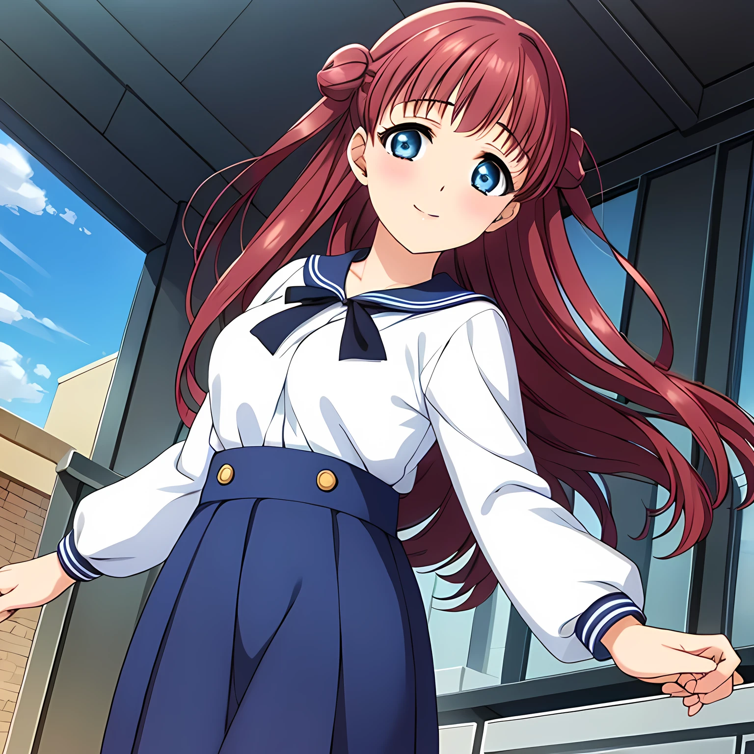 (highest quality, masterpiece:1.2), highest quality, High resolution, 1080p, 8K, CG of the heroine of a beautiful girl game, Height: 158cm, A beautiful woman with a smile falls upside down from the sky like an angel, A face that everyone loves, Glossy lips, Even bangs, Double, Long eyelashes on both the top and bottom, Big wide blue eyes, The very large and thick yellow ribbon bowtie is very cute., Beautiful, shiny red long hair, A long, neat, dark navy pleated skirt, (((A long-sleeved navy blue sailor uniform for winter, all dark blue in color))), Ribbon in hair, Thick calves, Tight waist, Approaching the viewer with open arms, ((Talking to the audience)), ((Trying to kiss)), A very sacred temple in the sky, Shooting from below