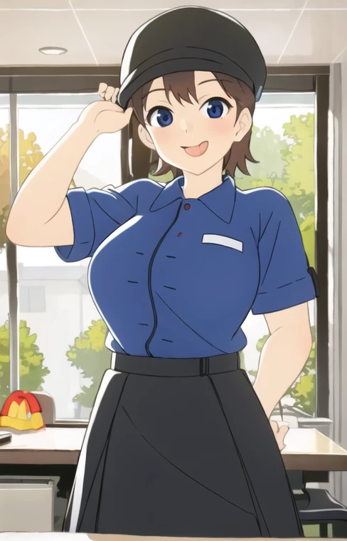masterpiece, highest quality, alone,One girl,View Viewer,indoor,McDonald's,
Maxmier,he lifts up her skirt to reveal her white panties、hat、Stick your tongue out of the corner of your mouth、Big Breasts、A shirt with a wide open chest