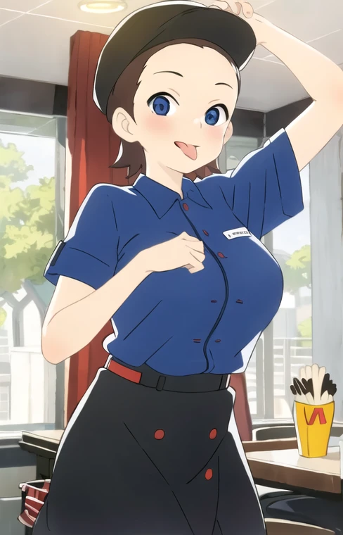 masterpiece, highest quality, alone,One girl,View Viewer,indoor,McDonald&#39;s,
 Maxmier,he lifts up her skirt to reveal her white panties、hat、Stick your tongue out of the corner of your mouth、Big Breasts、A shirt with a wide open chest