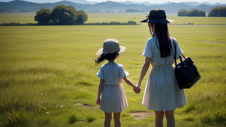 grassland、Rear view of a 5-year-old daughter and her mother holding hands。