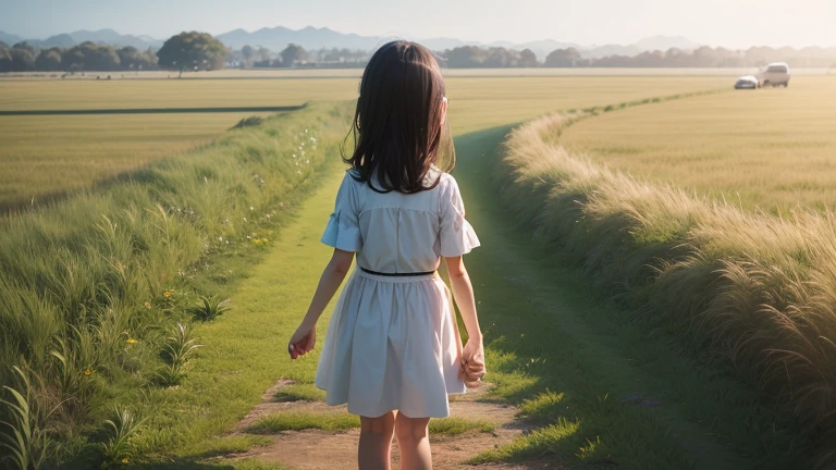 grassland、Rear view of a 5-year-old daughter and her mother holding hands。