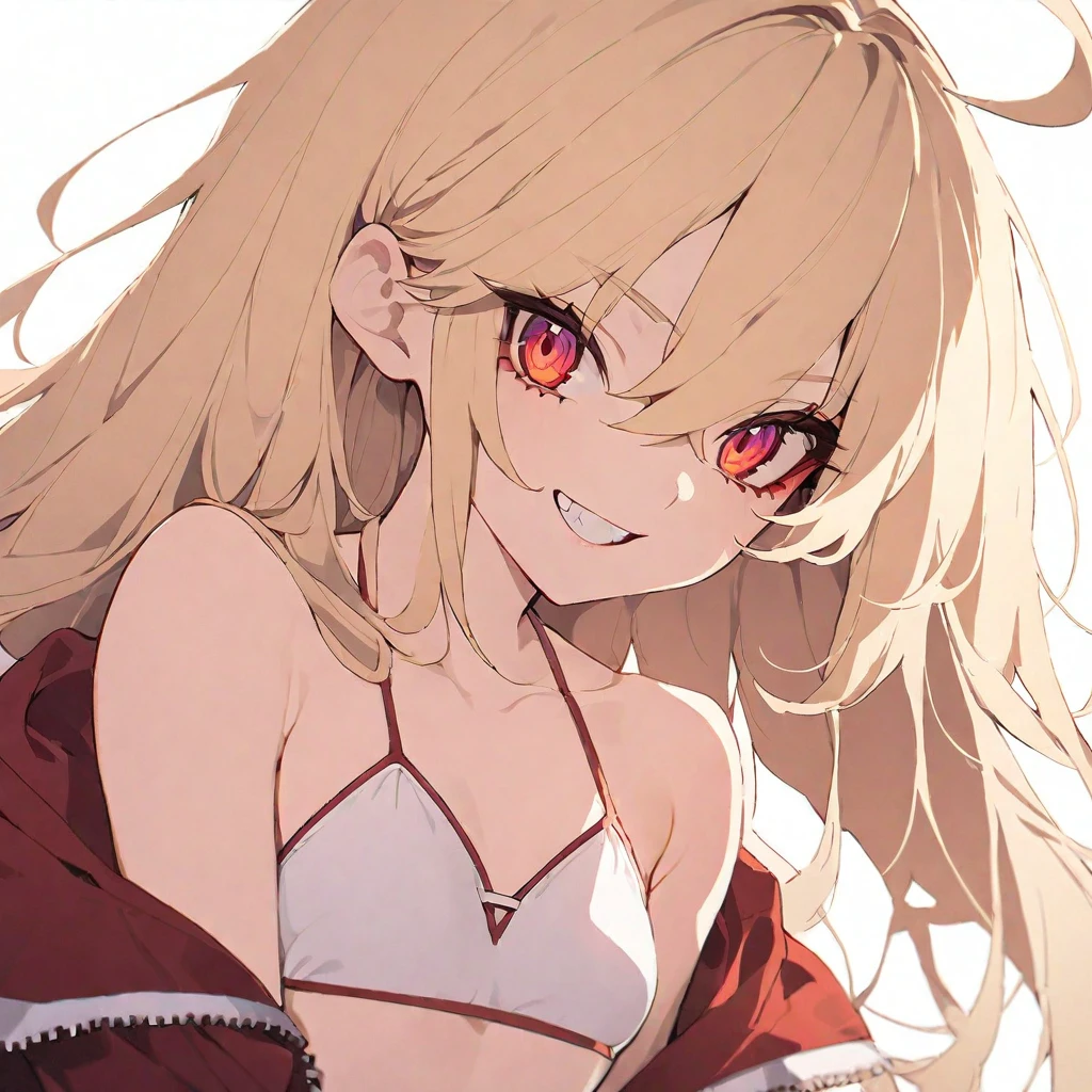(masterpiece), (best quality), perfect face, beautiful girl, white background background, delicate and beautiful face and eyes, dark intense shadow, 
1 girl, vtuber style, cool girl, blond middle hair, blond straight hair, small ahoge, amber eyes, sharp eyes, sharp gaze, hair between eyes, yaeba, Yae Teeth, bikini, red jacket, unzipped jacket, small chest, cropped shoulders, clavicle, smile, bare feet, chest visible through clothes, (full body), looking at viewer, standing, white background,
