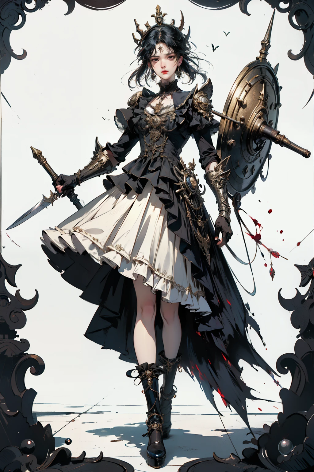 ((best quality)), ((masterpiece)), (detailed), perfect face ((best quality)), ((masterpiece)), (detailed), blank white background, plain background, white background, victorian era inspired floral background, Bloodborne inspired, occult aesthetic, occult, detailed and intricate steampunk and detailed gothic, (zentangle, mandala, tangle, entangle), NSFW, torn clothing, Very dramatic and cinematic lighting, cosmic horror, grim-dark, side-lighting, perfect face, a beautiful goddess adorned and enshrined in armour, Bloodborne inspired , occult aesthetic , occult , detailed and intricate steampunk and detailed gothic , wielding a sword and holding a shield, NSFW, Fluttering lace flared short dress with frilly petticoats, knee length dress, pleated petticoats, ta dress, petticoats gothic loliside-lighting, gothic lolita aetic, beautiful small breasts, small breasts, full body, whole body, body, plain background, white background, blank background, no background, white background NSFW, full body, whole body, head-to-toe