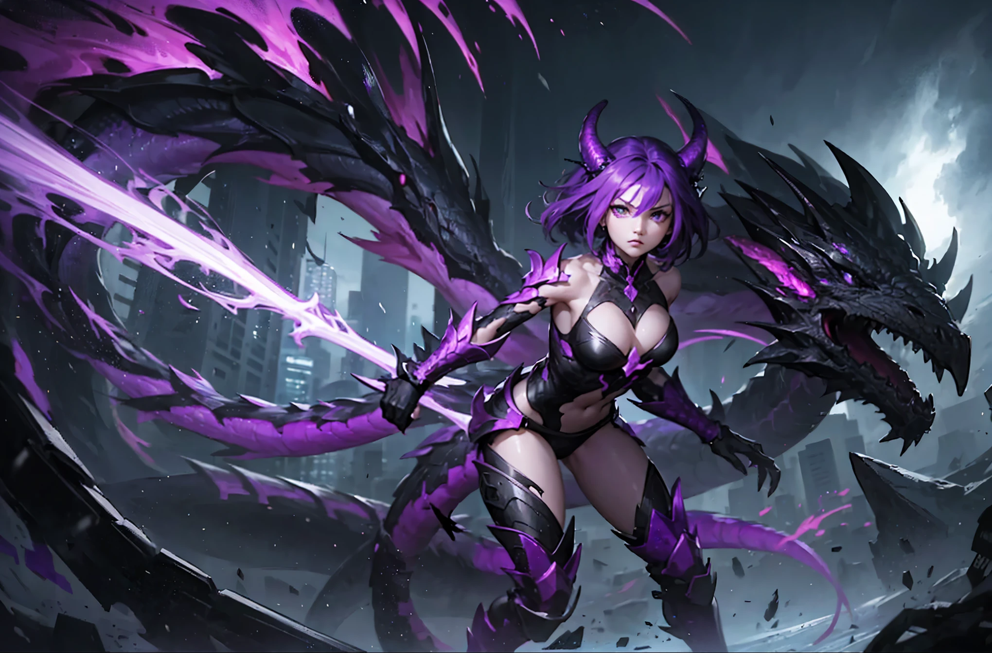 A girl fused with a dragon. image color is black. Purple hair. Bikini armor. A dragon's neck from her shoulder. Scaly armor.