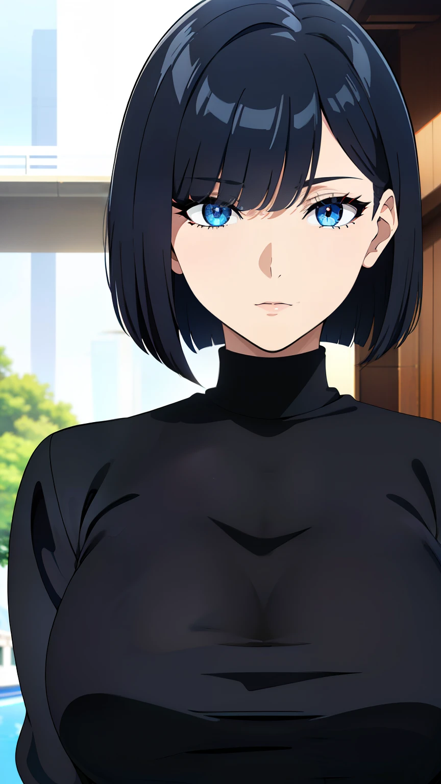 (best quality:1.5, highres, UHD, 4K, detailed eyes, detailed lighting, detailed hair, shaders), black hair, bob cut, hair covering one eye, cool woman, cool girl, sharp eyes, blue eyes, beautiful, large breasts, casual clothes, (pov, close shot)