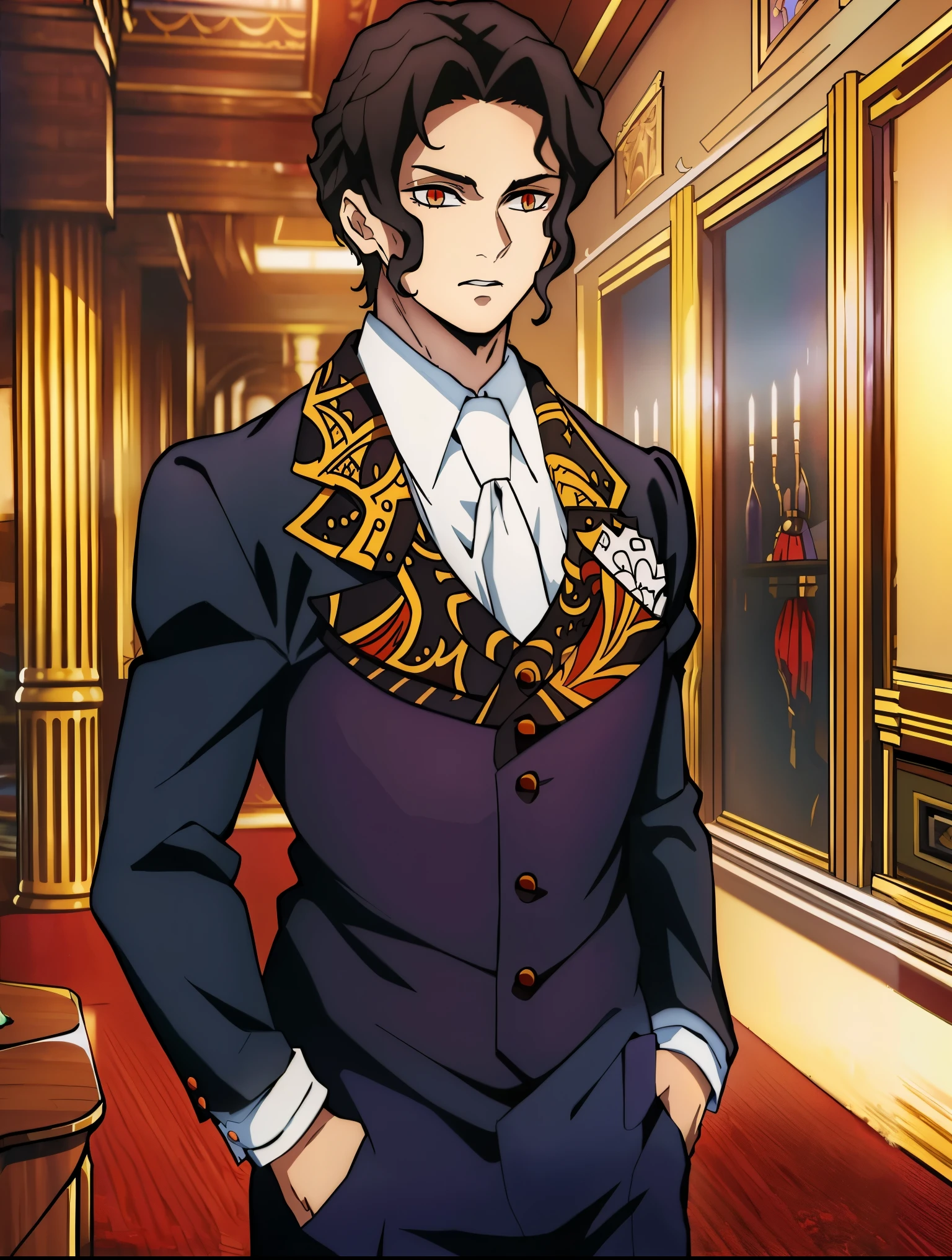 (masterpiece, best quality;1.2), MuzanMale, (1man, solo), 30yeras old, (upper body, portrait), (looking at viewer:1.1), (black hair, wavy hair), red snake eyes, (both hands in the pocket:1.4), in the grand castle room of an aristocratic handsome, dressed in impeccably tailored Victorian attire, complete with a crisp waistcoat and a perfectly knotted cravat, he cuts a striking figure against the backdrop of the room's opulent decoration