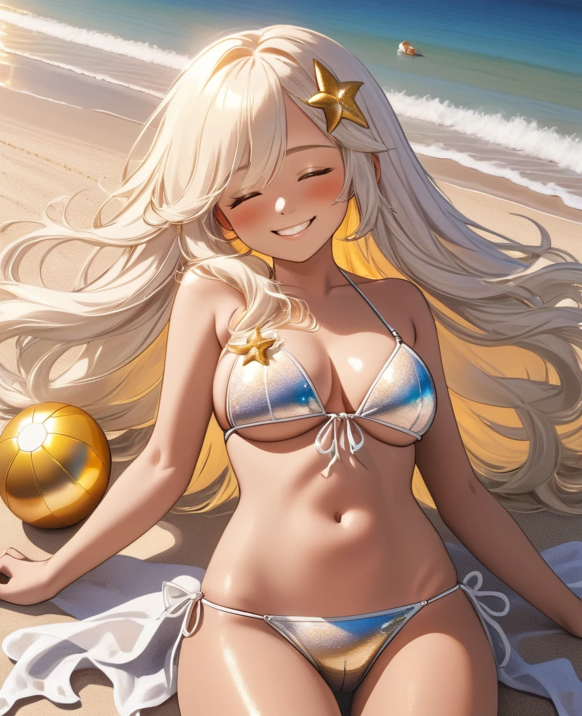 A girl with long white hair is wearing a micro bikini with white gold decorations and smiling on the beach.sleeping on one's back,big breasts,Golden hair extensions,have a beach ball, high quality, (high precision image, masterpiece, 8k) Ultra Detail, the luster of the skin, the texture of the hair,dramatic background,