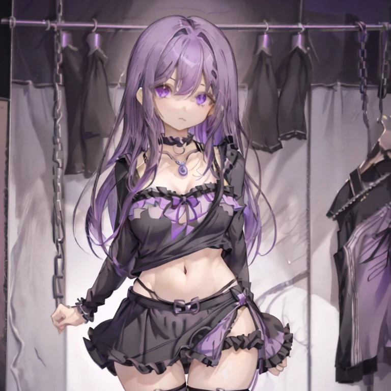 1 girl、Mature、Ample breasts、Purple Hair、Half Twin、Long Hair、Purple Eyes、Sharp Eyes、Black T-shirt、Belly button、Black frilly miniskirt、Thighs、Chain Accessories、choker、bracelet、Knee-high、Super detailed、High resolution、highest quality、