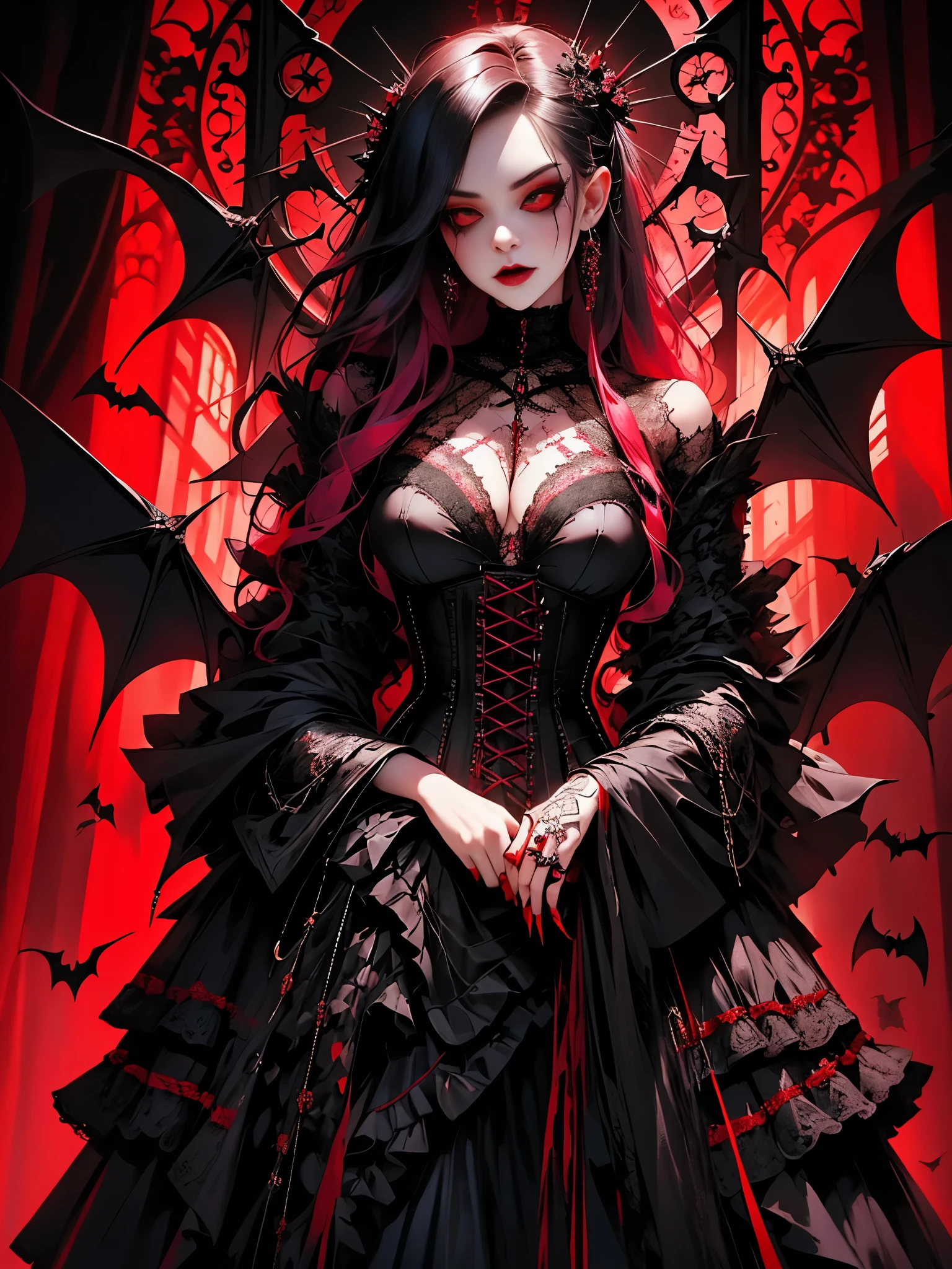 a woman in black and red color corset and goth hair, with piercings, 1girl, solo, black and pink hair, long hair, (Red Eyes、Slit eyes),ring,GothGal, wearing a GothGal outfi, dress,((Tulle lace,bat tattoo on chest)), ribbon, frills,ruined church,Dynamic Angle,