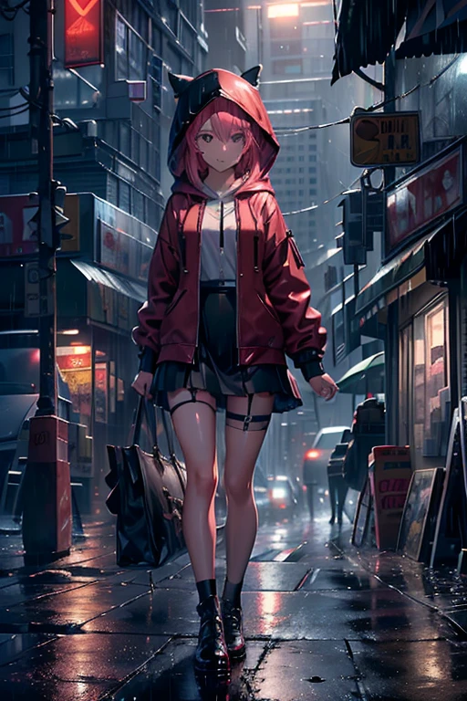 (8k，masterpiece，The best quality at its best，Hyper Detail，Realistically)，Highly detailed face，Light，Ray Tracing，Hair without lighting， On a cloudy road，Bright street，corner store，Stair Station，Heavy rain and downpour，girl with long pink hair and black eyes，smile，she is wearing a red hooded jacket，Wearing a hood，White blouse，Black short skirt and black garter belt，Martin Shoes，Rain-soaked clothes，Black Exposure，Outdoor Depth Tent ，