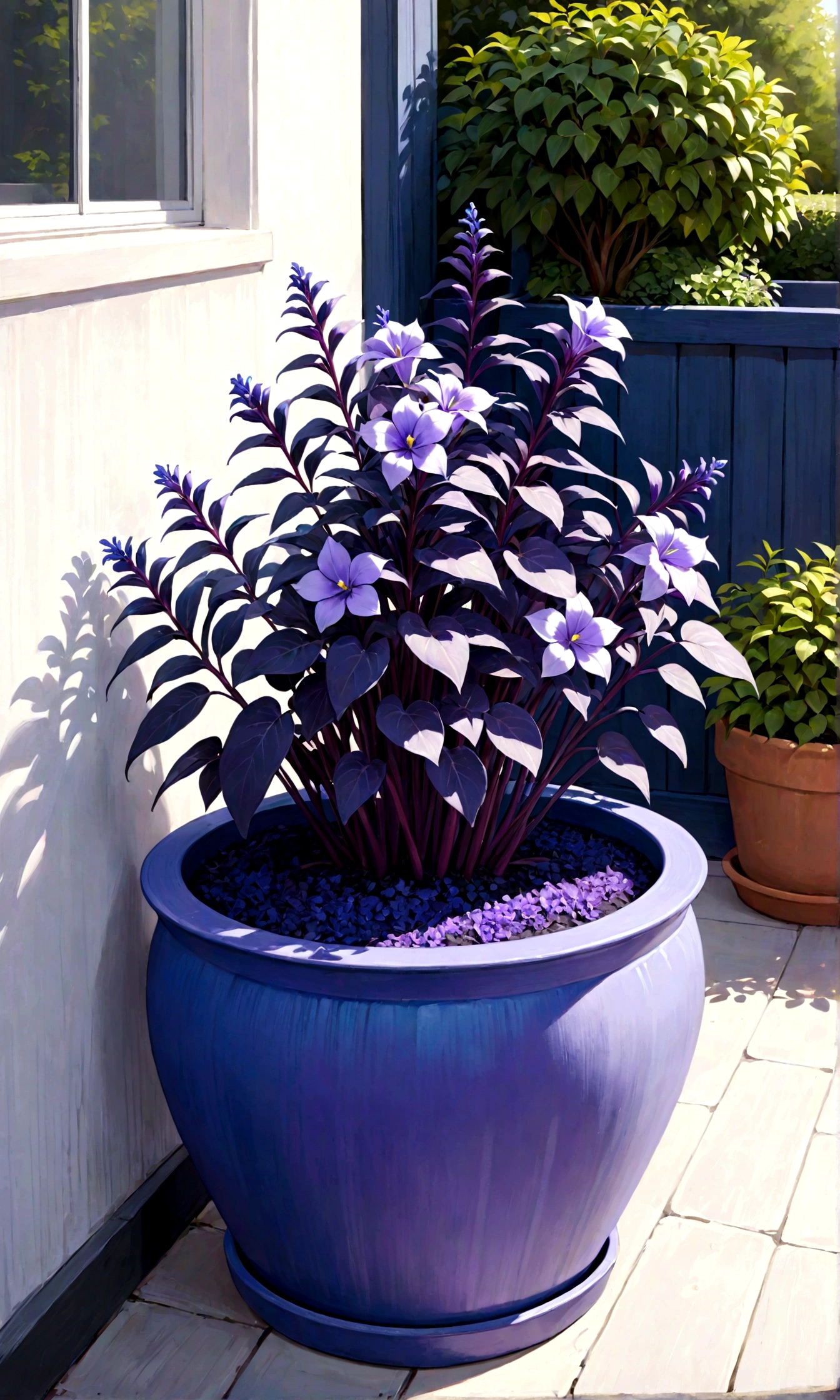 purple flowers in a pot on a patio with a blue planter, a pastel by Ann Thetis Blacker, tumblr, sōsaku made, purple foliage, blue and purple plants, dark purple tones, some purple, cobalt coloration, violet, dark purple, purple, purples, purple hues, violet polsangi, second colours - purple