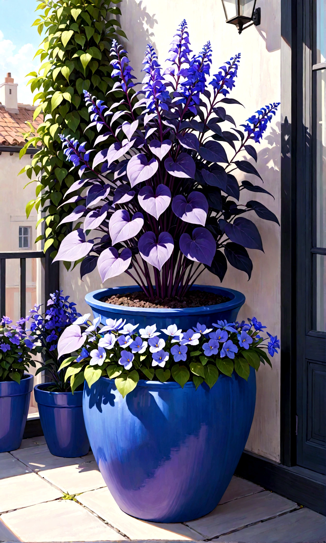 purple flowers in a pot on a patio with a blue planter, a pastel by Ann Thetis Blacker, tumblr, sōsaku made, purple foliage, blue and purple plants, dark purple tones, some purple, cobalt coloration, violet, dark purple, purple, purples, purple hues, violet polsangi, second colours - purple