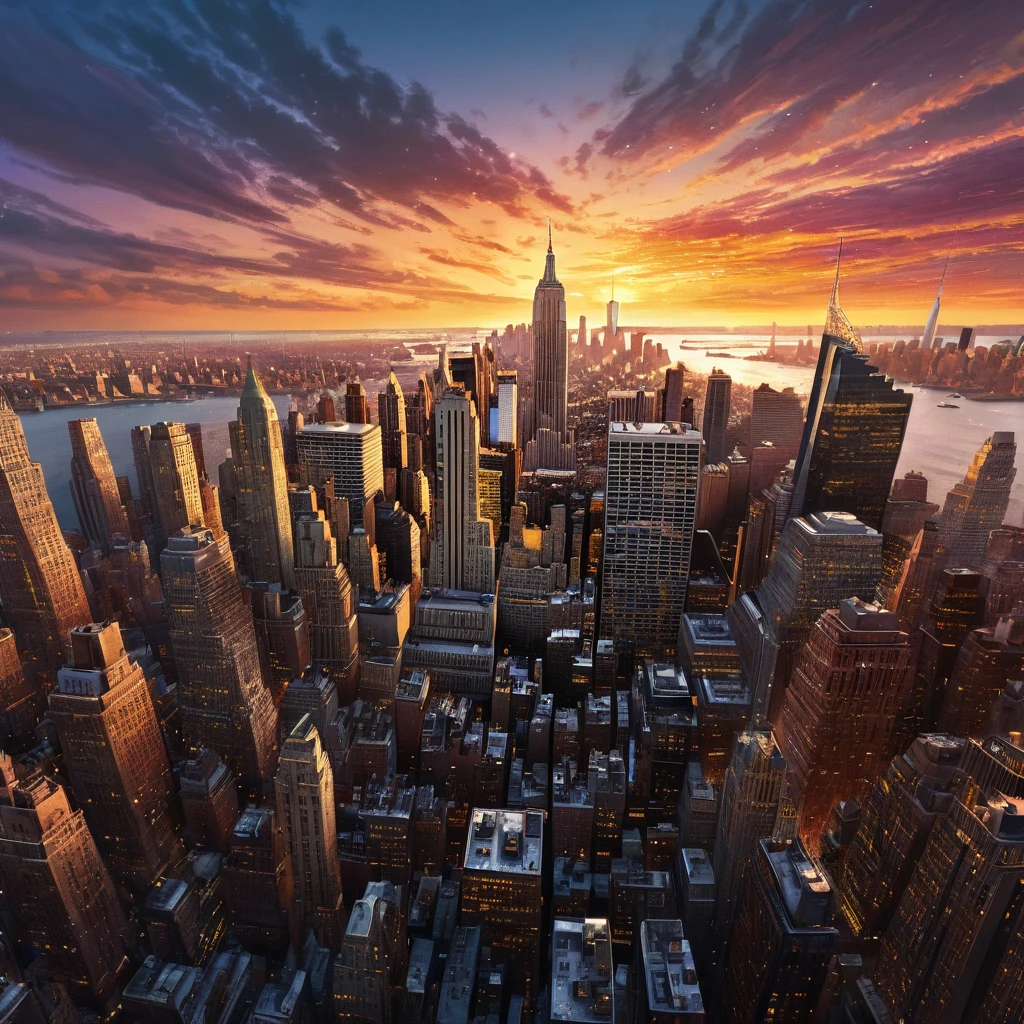 a breathtaking cityscape of new york city, surrounded by a captivating golden and diamond-encrusted landscape, with a simple yet striking background of flowing liquid metal that reflects the vibrant scene, all rendered in stunning 8k resolution with the utmost attention to detail, masterfully blending photorealistic and anime-inspired elements to create a visually stunning and dynamic composition that captivates the viewer, showcasing intricate textures, vivid colors, and a unique birdseye perspective that elevates the overall artistic quality.