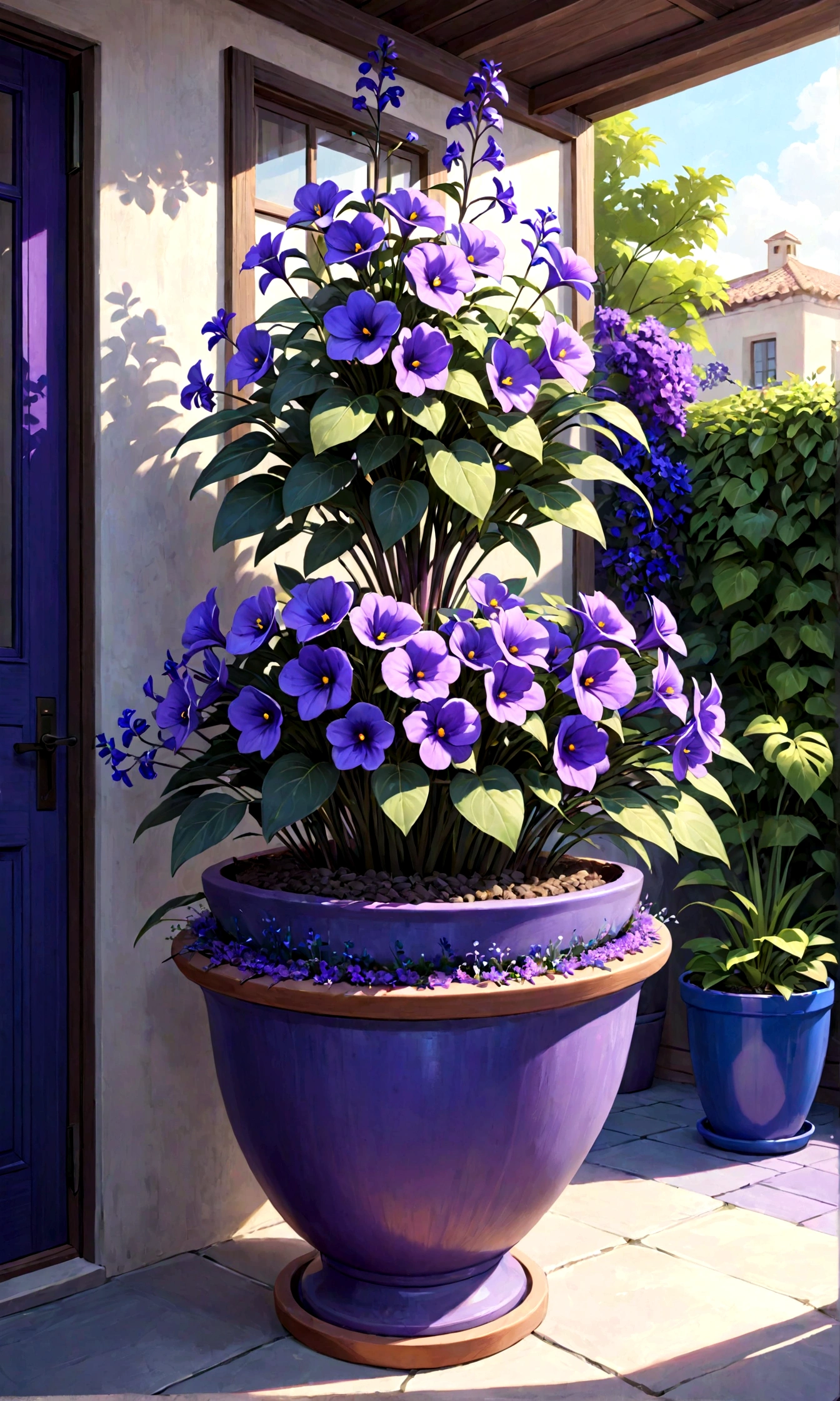 purple flowers in a pot on a patio with a blue planter, purple foliage, blue and purple plants, dark purple tones, some purple, cobalt coloration, violet, dark purple, purple, purples, purple hues, violet polsangi, second colours - purple, more dark purple color scheme, dark purple blue tones, dark purple scheme, violet colors