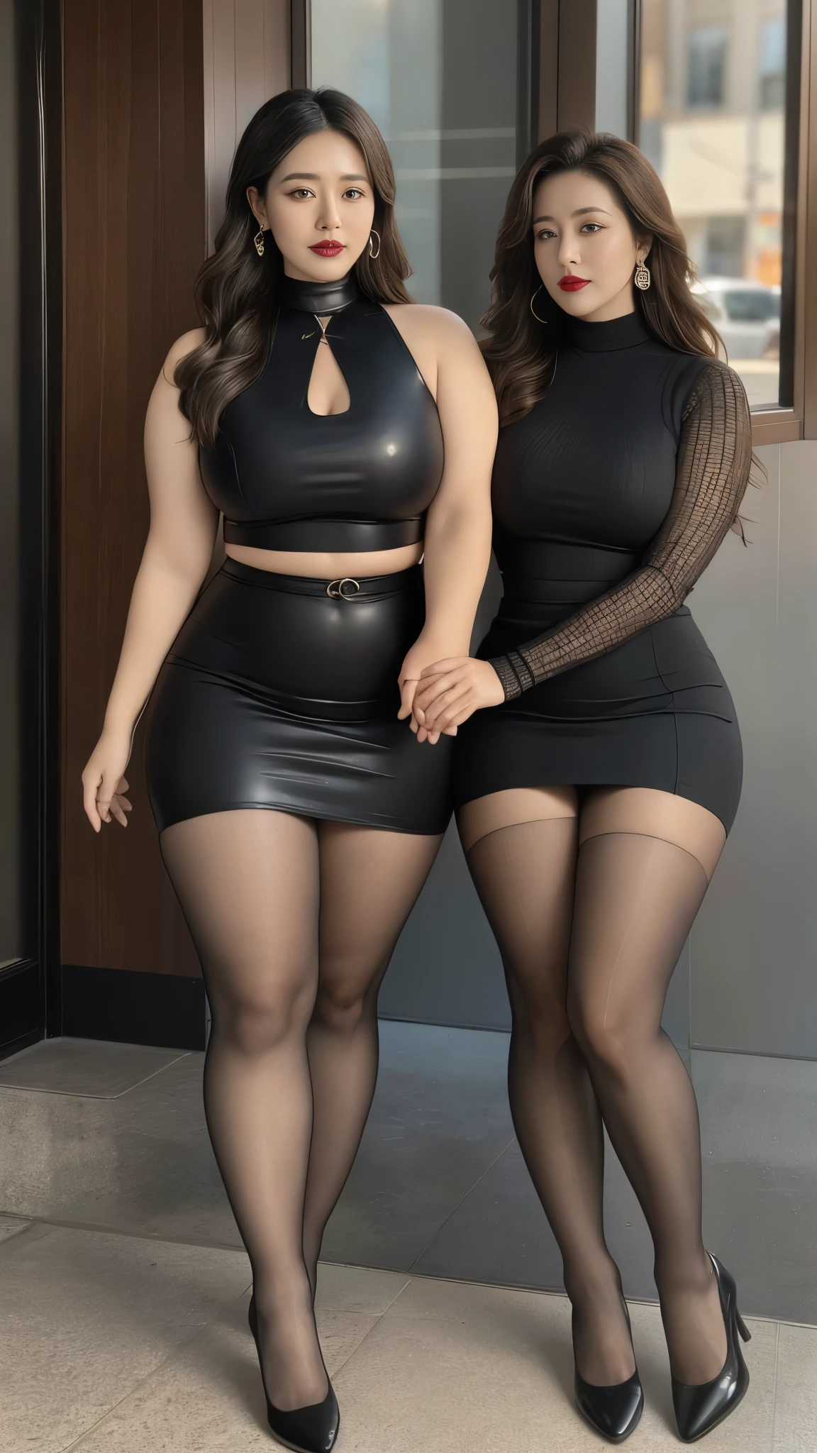 Twin sisters holding hands on the street，light brown clothes (No cleavage),thigh, cosmetic, (lipstick: 1.1), (Eyeliner: 1.2), mascara, Eyeshadow,Outdoor sports, earrings, necklace, Black tights, Wrinkles at the corners of the eyes, Oral wrinkles,High Neck Knit Bodycon Skirt，full-body shot，An Asian Japanese woman，65 years old，big eyes，elegant temperament elegant temperament，(masterpiece:1.2, best quality), actual, (The real situation,45 years old， Intricate details, Depth of Field，High neck clothes), careful, The content is very detailed, This is a perfect face, Perfect body, Large Model, Mature woman, High，Black silk garter belt，8K,best quality, masterpiece, Ultra-high resolution,(lifelike:1.4), original photo, Stay focused, detailed, Dramatic, Exquisite beautiful woman, (tall and straight:1.1),(Fat goddess desetallic high collar dress,High collar fitted skirt),half butterfly earrings, double ring necklace, (:1.05), (65 years old, : 1.4),Long curly hair, Dynamic angle, (red lips)Beautiful graphics, Black reflective leather pants and fishnet stockings，High heel