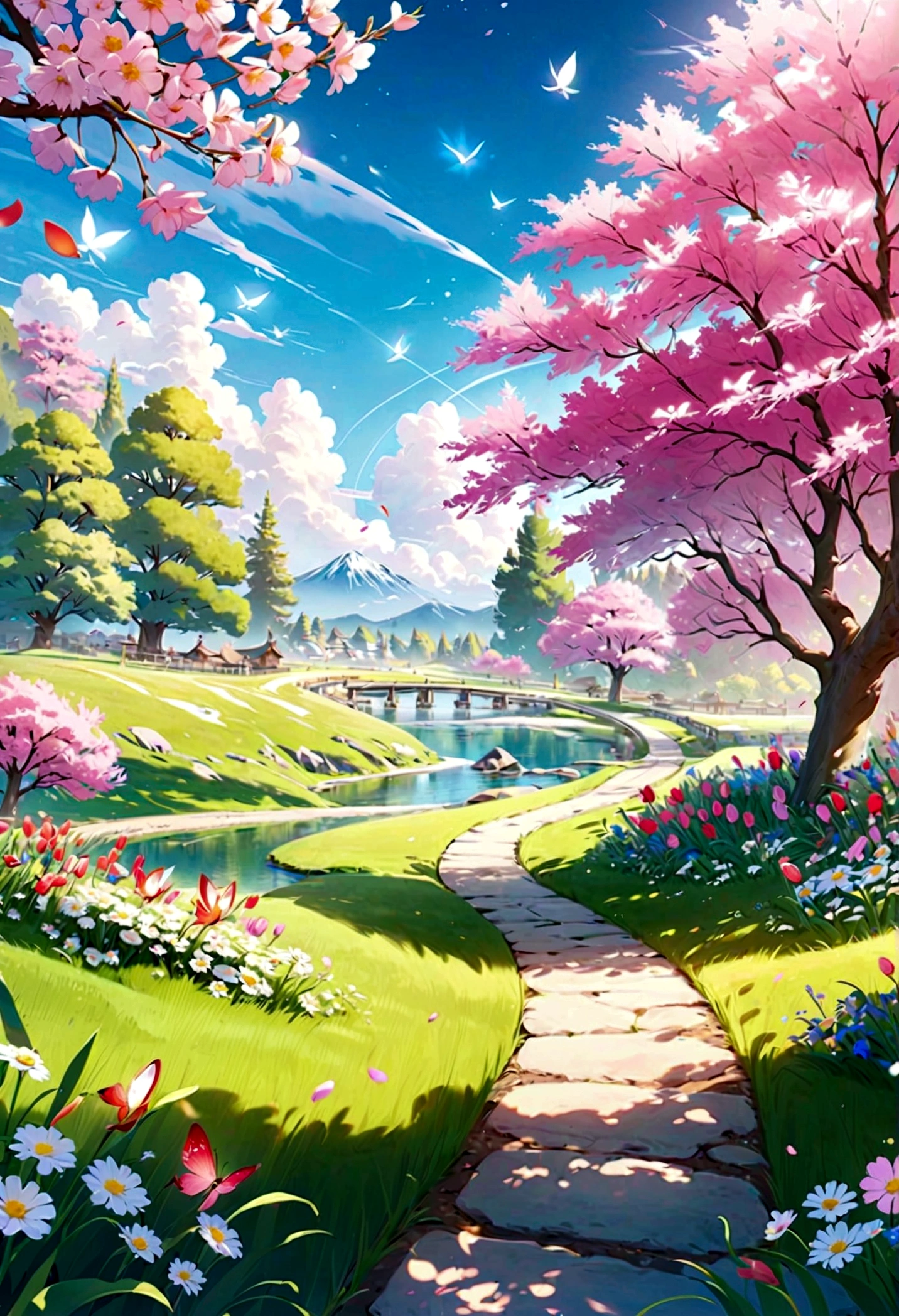 best quality,4k,8k,highres,masterpiece:1.2,ultra-detailed,realistic:1.37,Yae Miko, Genshin, cartoon-style landscape,spring morning,colorful,soft lighting,beautifully detailed flowers,bright blue sky,shimmering sun rays,lush green grass,scent of blooming flowers,freshly dew-kissed petals,playful butterflies dancing in the air,happy chirping birds,peaceful babbling brook,tranquil setting,serene ambiance,smiling sun,gentle breeze,crisp and clear air,curved winding pathway through the meadow,whimsical cloud shapes,carefree atmosphere,endless fields of colorful tulips and daisies,peeking sunshine through tree branches,harmonious color palette,blissful and joyful scene,artistic interpretation,magical and enchanting view.