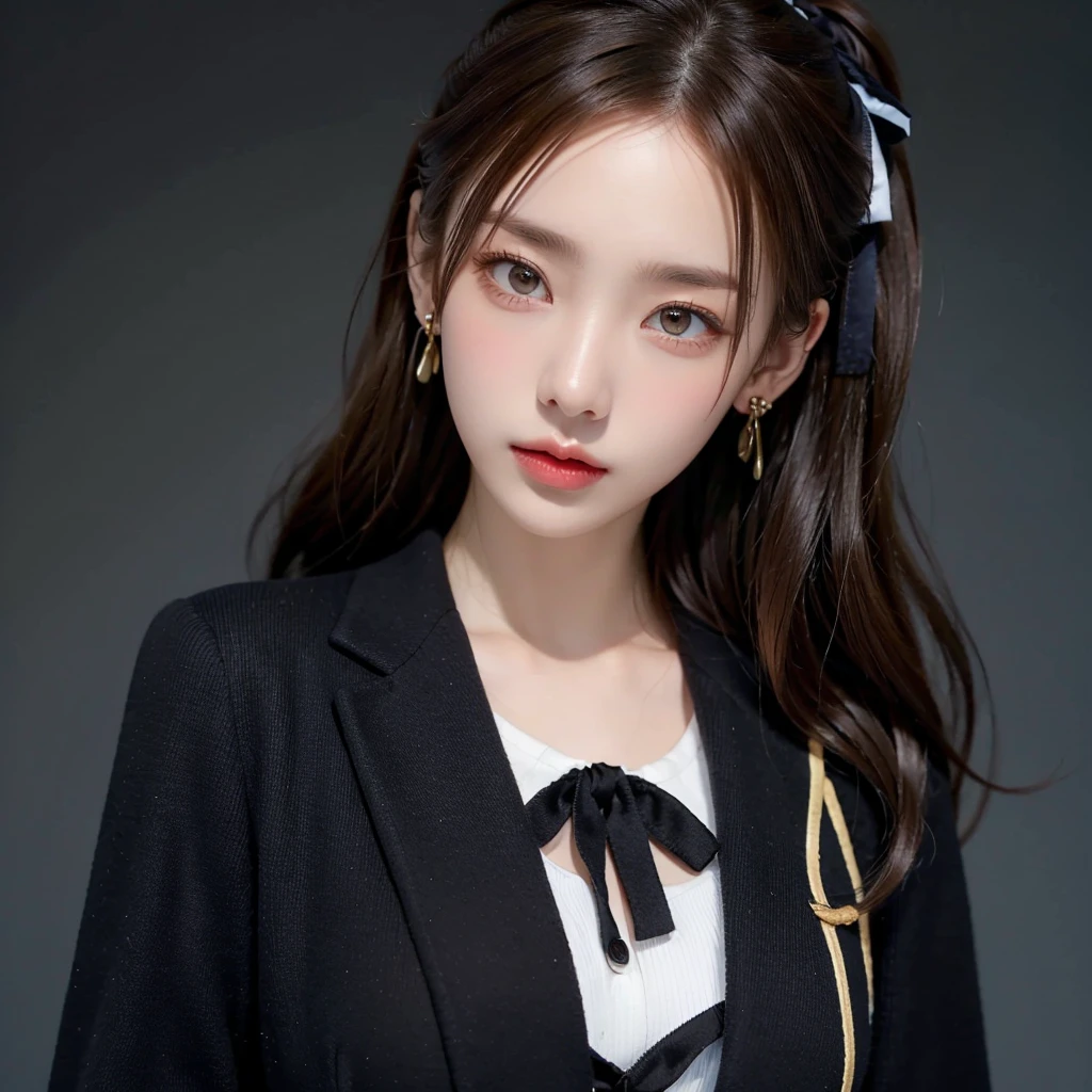 ((masterpiece: 1.4, best quality))+,(ultra detail)+, official art, unity 8k wallpaper, ultra detail, beautiful, high quality, Highlight your cute face, masterpiece, best quality, semi wavy medium length hair, (brown eyes, brown hair), From head to belly button, (Shirts and suit jackets), vivid color, (colorful earrings, Hairpin with large black ribbon decoration :1.4), On a hill with a blue sky