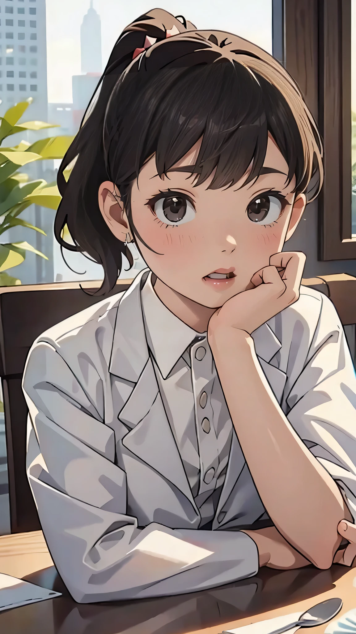 Girl with short ponytail wearing formal suit lying on restaurant table, Clear Eyes, Perfect body, (Looking down at the viewer:0.8), (Purelos Face_v1:0.2), Removable sleeves, Open your mouth, bangs, One girl, Shiny skin, (masterpiece;1.0), (Realistic:1.4), (Sharp focus:1.2),