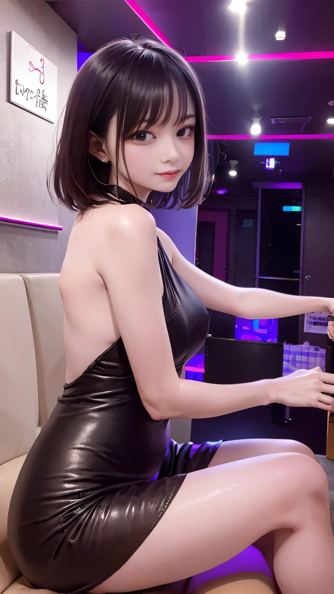 sc1, couch, scenery, table, indoors, night sky, low_light, depth of field, from from side, sitting,, ultra detailed, masterpiece, best quality, aesthetic, detailed,, solo, soft smile, light smile,
1girl, (hostess:1.5, Golden lighting、Black short hair、Velvet celeb dress)、(nightlife:1.3, jirai make,:1.2, jirai girl:1.3, Light fluorescent lip gloss:1.3)
