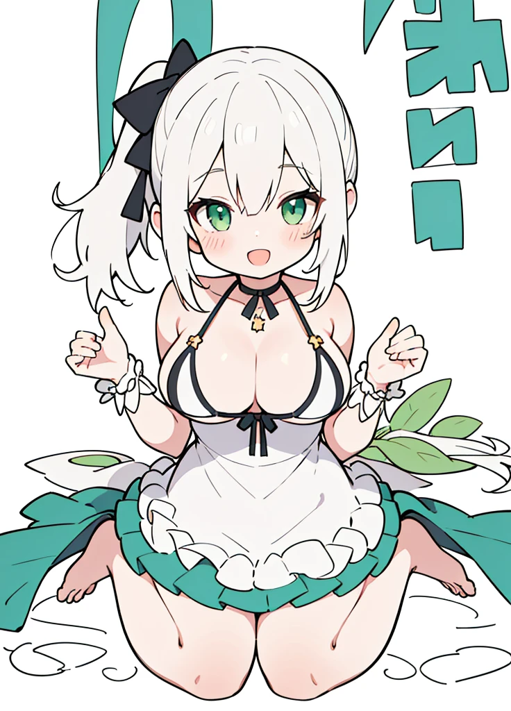 outfit-midsummer swimsuit, 1girl, absurdres,white hair, green eyes, solo,side ponytail, highres, medium_breasts,  smile, solo ,solo,milf,curvy, blush, looking at viewer, open mouth,
masterpiece, best_quality, clear details,1girl, (wariza on_floor),
white_background,simple_background    