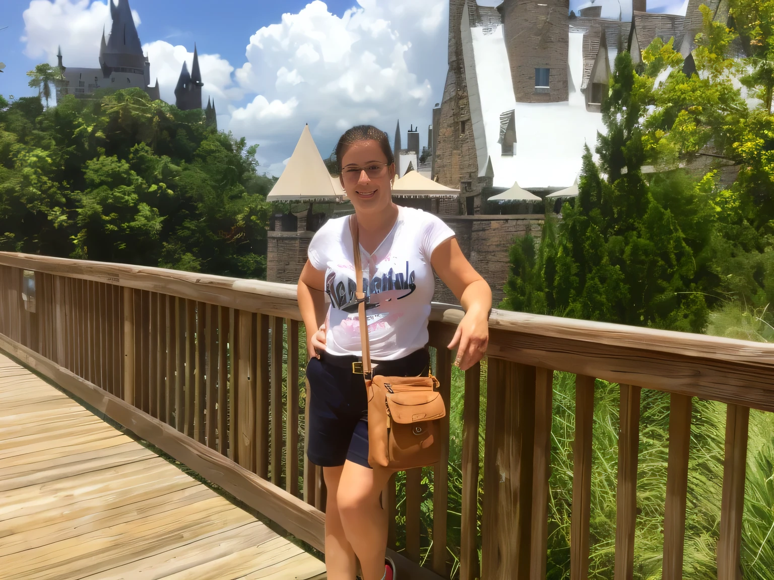 Woman standing on a wooden bridge with a bag on her shoulder, at Hogwarts, wearing Hogwarts clothes!!! robes!!!, vacation photo, with a castle in the background, standing near a castle, outside the magic school, hogwarts setting, outside the 'magic school', she wears Harry Potter glasses, USA-20 September, Hogwarts style, On a sunny day

The woman is wearing dark blue shorts and a white tank top.

A beautiful Brazilian woman, with white skin, dark brown hair. She is around 40 years old, 165 cm tall and weighs 56 kg. Her body exudes glamor and her face is a definition of beauty. Slender body, thin waist. Highly realistic, hyperrealism, very elaborate skin. Clear photo, high resolution, high quality, masterpiece, 16K photo, high contrast, masterpiece, NUDE, NUDITY, NFSW.