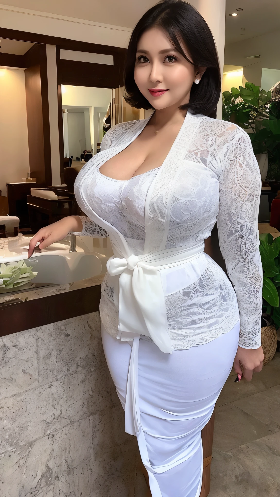 (REALISTIC) (elegant milf) (Big Mature : 3 Curvy body) ((goddess face)) ,(((white kebaya))),huge breasts,(trasnparent),short hair,,milf