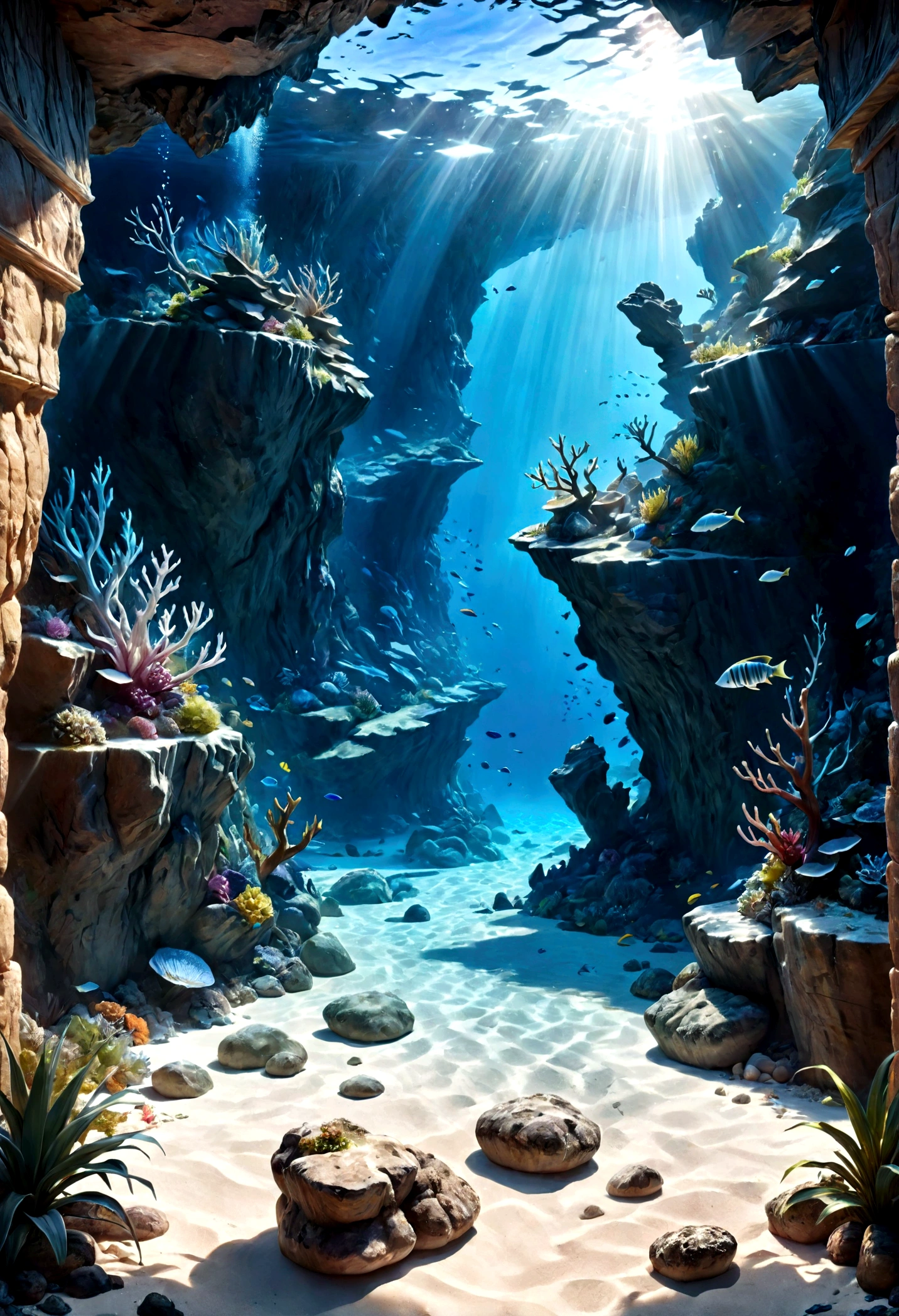(best quality,4k,8k,highres,masterpiece:1.2),ultra-detailed,(realistic,photorealistic,photo-realistic:1.37),underwater,bright blue water,rocky layers,fantasy,mystical,dramatic lighting,cinematic,ethereal,glowing,serene,tranquil,atmospheric,dramatic,moody,surreal
