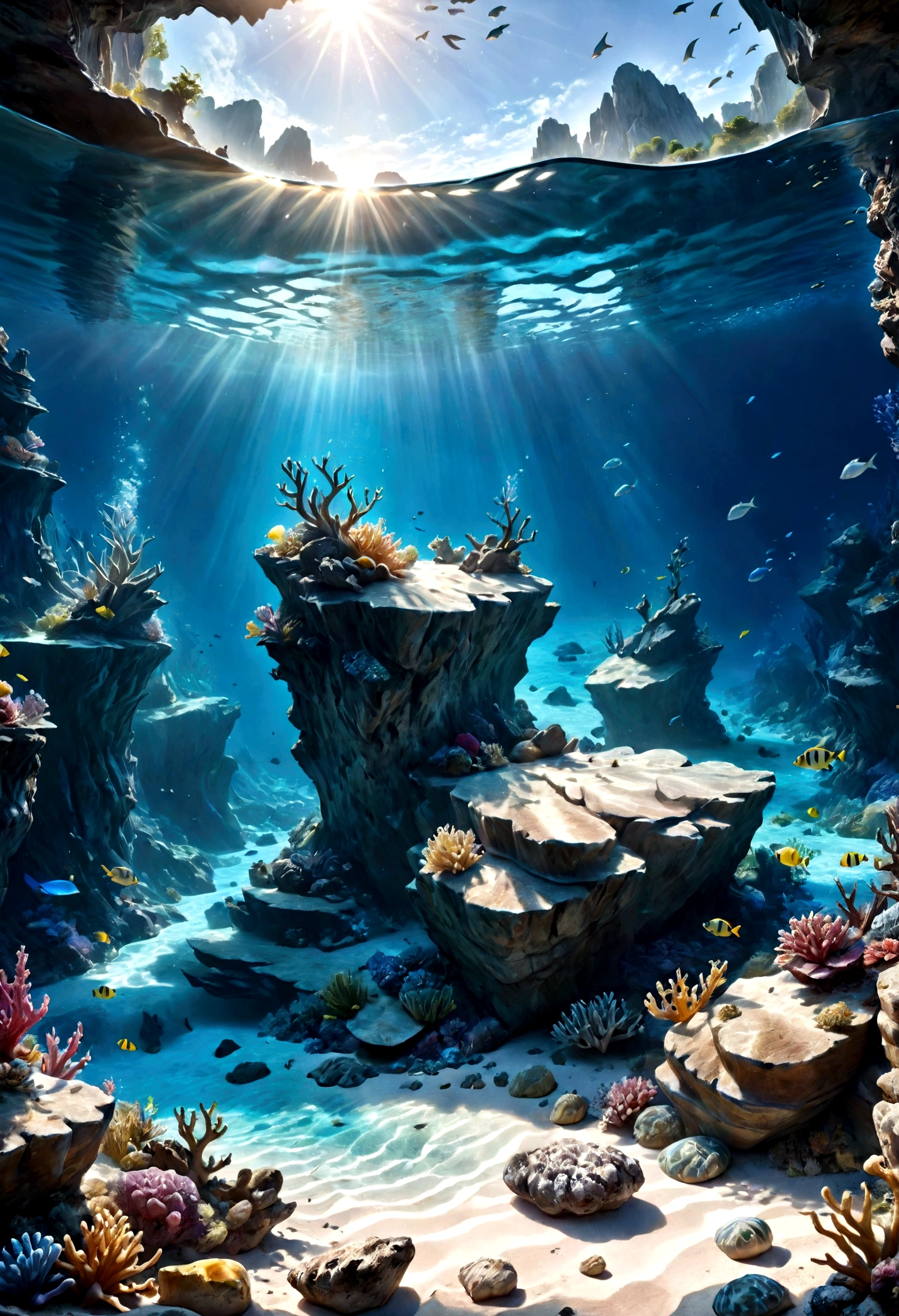 (best quality,4k,8k,highres,masterpiece:1.2),ultra-detailed,(realistic,photorealistic,photo-realistic:1.37),underwater,bright blue water,rocky layers,fantasy,mystical,dramatic lighting,cinematic,ethereal,glowing,serene,tranquil,atmospheric,dramatic,moody,surreal