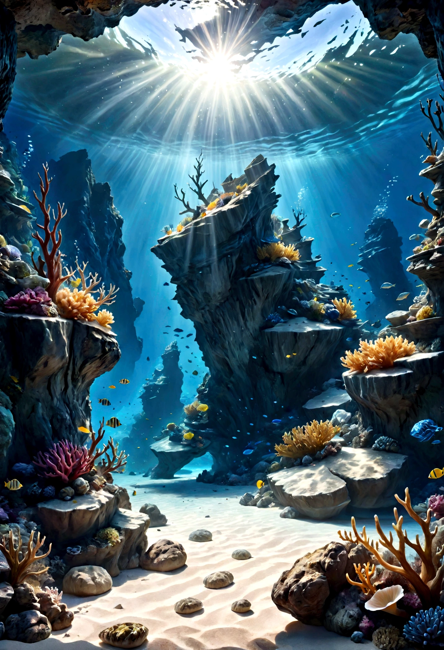 (best quality,4k,8k,highres,masterpiece:1.2),ultra-detailed,(realistic,photorealistic,photo-realistic:1.37),underwater,bright blue water,rocky layers,fantasy,mystical,dramatic lighting,cinematic,ethereal,glowing,serene,tranquil,atmospheric,dramatic,moody,surreal