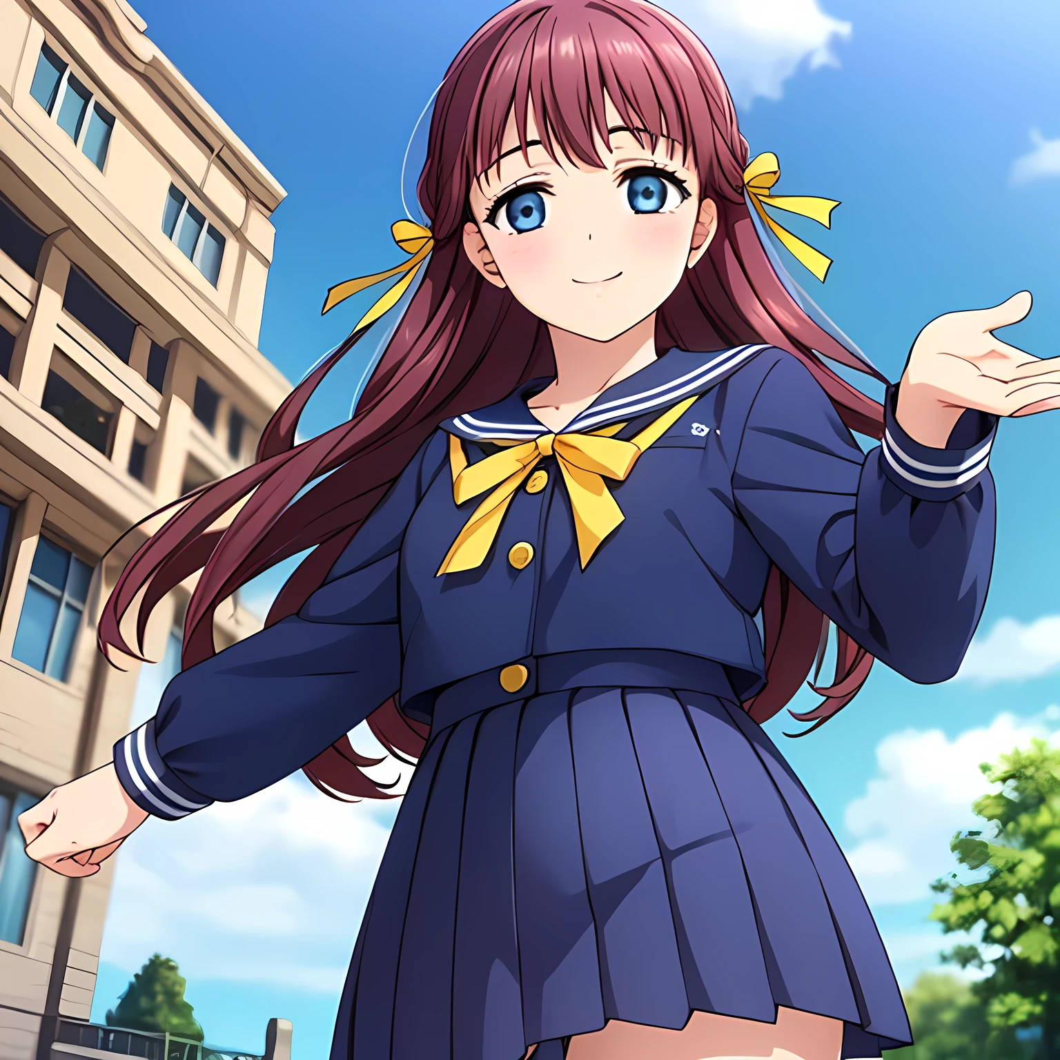 (highest quality, masterpiece:1.2), highest quality, High resolution, 1080p, 8K, CG of the heroine of a beautiful girl game, Height: 158cm, A beautiful woman with a smile falls upside down from the sky like an angel, A face that everyone loves, Glossy lips, Even bangs, Double, Long eyelashes on both the top and bottom, Big wide blue eyes, The very large and thick yellow ribbon bowtie is very cute., Beautiful, shiny red long hair, ((A long, neat, dark navy pleated skirt)), (((A long-sleeved navy blue sailor uniform for winter, all dark blue in color))), ((Navy blue jacket)), Ribbon in hair, Thick calves, Tight waist, Approaching the viewer with open arms, ((Talking to the audience)), ((Trying to kiss)), A very sacred temple in the sky, Shooting from below, ((Blur the background))