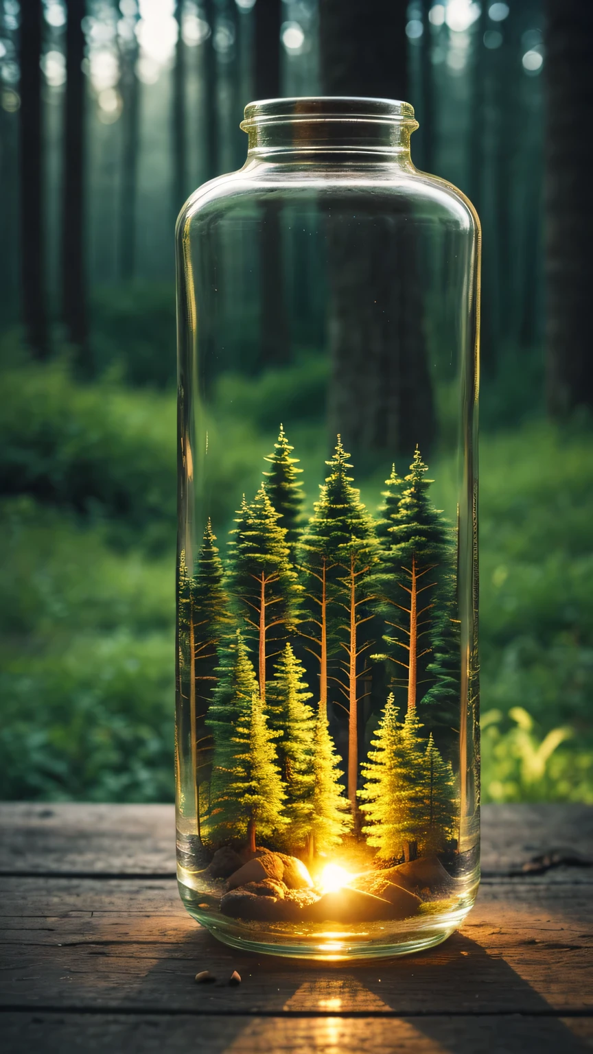 (An intricate forest minitown landscape trapped in a bottle), atmospheric oliva lighting, on the table, 4k UHD, dark vibes, hyper detailed, vibrant colours forest background, epic composition, octane render, sharp focus, high resolution isometric