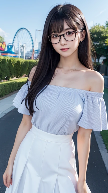 Glassesをかける、Put your arms behind your back、8K、Detailed Description、Very high definition、Realistic、reality的、Real、live-action、reality、High resolution、Nogizaka46、japanese idol,beautiful girl、21 years old、Dark brown eyes、sunny、blue sky、amusement park、light smile, closed mouth,bend one's body sideways,off-shoulder-tops,Long skirt、Long Hair、Glasses、Knee-up-top angle of view、Very black hair、pretty girl、Beauty、Glowing Skin、Glowing Skin、Shiny Hair、Hair blowing in the wind、Very white skin、Heavy makeup、Large Breasts、Slit eyes、Big Eyes、Double eyelids、Don&#39;t show your teeth、Bend over and peer at me、bend the body to the side、