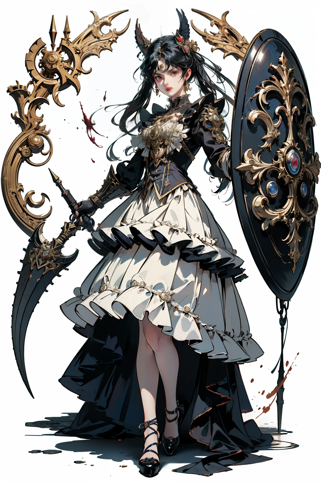 ((best quality)), ((masterpiece)), (detailed), perfect face ((best quality)), ((masterpiece)), (detailed), blank white background, plain background, white background, victorian era inspired floral background, Bloodborne inspired,  occult aesthetic, occult, detailed and intricate steampunk and detailed gothic, (zentangle, mandala, tangle, entangle),  NSFW, torn clothing, Very dramatic and cinematic lighting, cosmic horror, grim-dark, side-lighting, perfect face, a beautiful goddess adorned and enshrined in armour, Bloodborne inspired , occult aesthetic , occult , detailed and intricate steampunk and detailed gothic , wielding a sword and holding a shield, NSFW, Fluttering lace flared short dress with frilly petticoats, knee length dress, pleated petticoats, lolita dress, petticoats gothic lolita, side-lighting, gothic lolita aesthetic, beautiful small breasts, small breasts, full body, whole body, body, plain background, white background, blank background, no background, white background NSFW, full body, whole body, head-to-toe