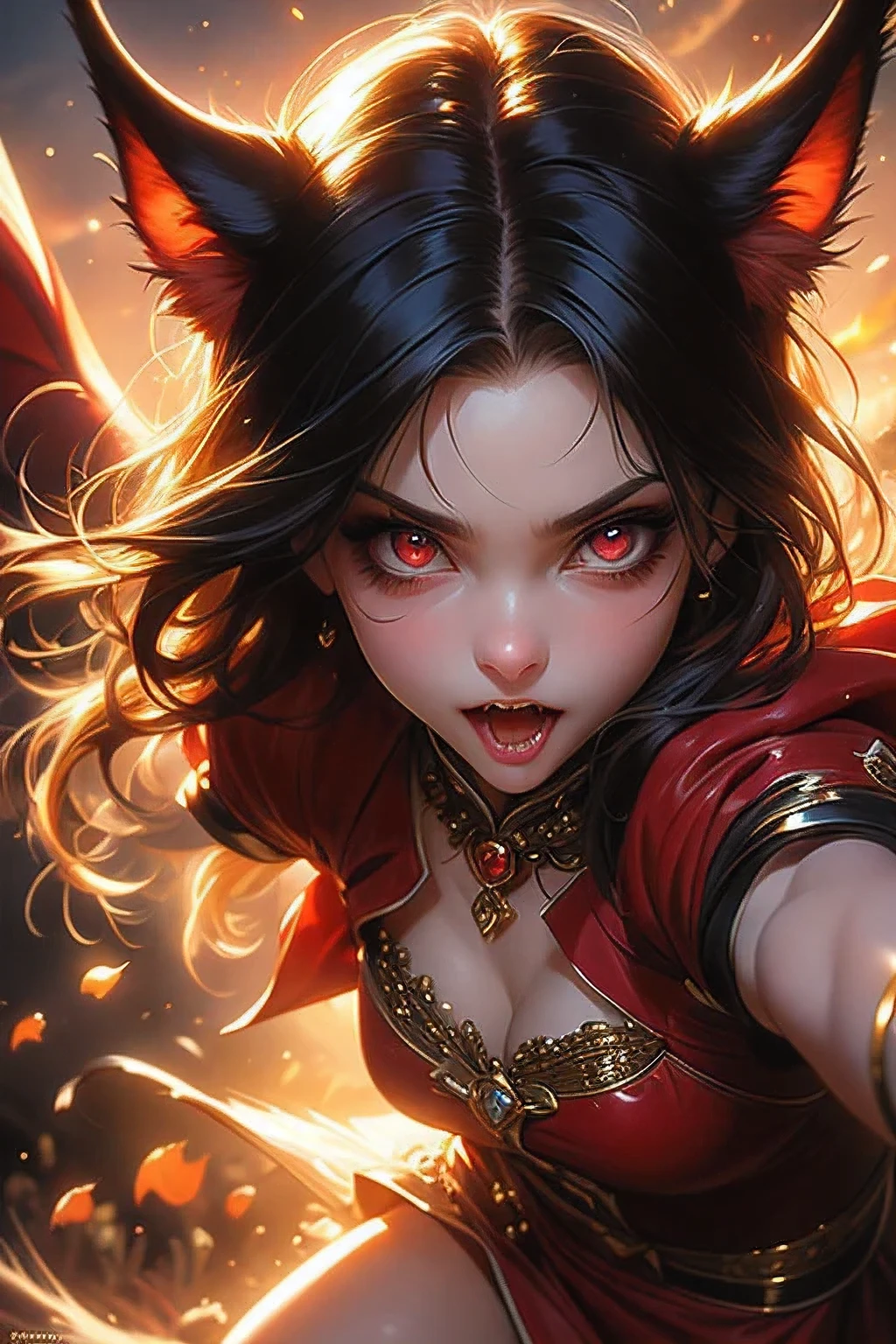 fantasic illustration, masterpiece:1.2, highest quality, highres, 16k, beautiful detailed, ultra-realistic, photo realistic:1.37,  beautiful cute vampiric girl bares her fangs and bites, cute face, pointy fangs, growing red eyes, shining pupils, blushed cheek, shiny rosy lips, cute vampiric clothes, beautiful delicate(hair, face, eyes, pupils, fangs), posing to attack prey, 