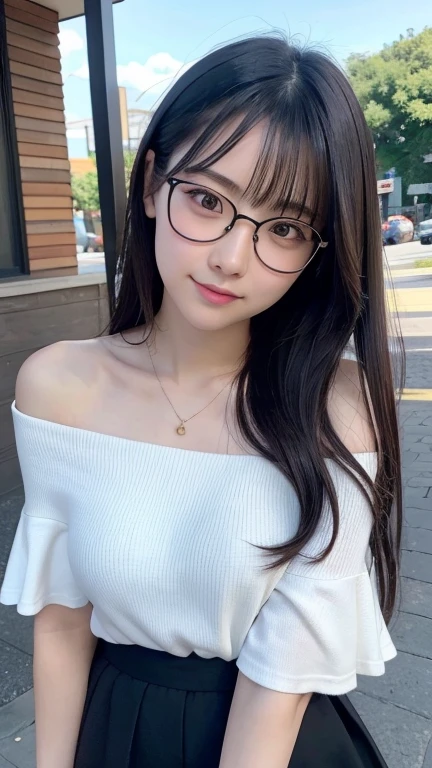 Glassesをかける、Put your arms behind your back、8K、Detailed Description、Very high definition、Realistic、reality的、Real、live-action、reality、High resolution、Nogizaka46、japanese idol,beautiful girl、21 years old、Dark brown eyes、sunny、blue sky、amusement park、light smile, closed mouth,bend one's body sideways,off-shoulder-tops,Long skirt、Long Hair、Glasses、Knee-up-top angle of view、Very black hair、pretty girl、Beauty、Glowing Skin、Glowing Skin、Shiny Hair、Hair blowing in the wind、Very white skin、Heavy makeup、Large Breasts、Slit eyes、Big Eyes、Double eyelids、Don&#39;t show your teeth、Bend over and peer at me、bend the body to the side、