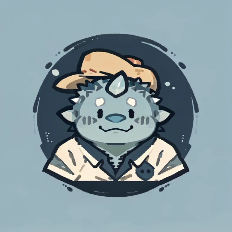 dagon face,Cute face,Humanity(dagon), (White short sleeve:1.3), (magician hat), (round face), Chubby,(white eyebrows:1.1),(Upper body naked:1.2),(perfect black eyes),Simple background, Blue Background,print style。(Artist:Takemoto Arashi