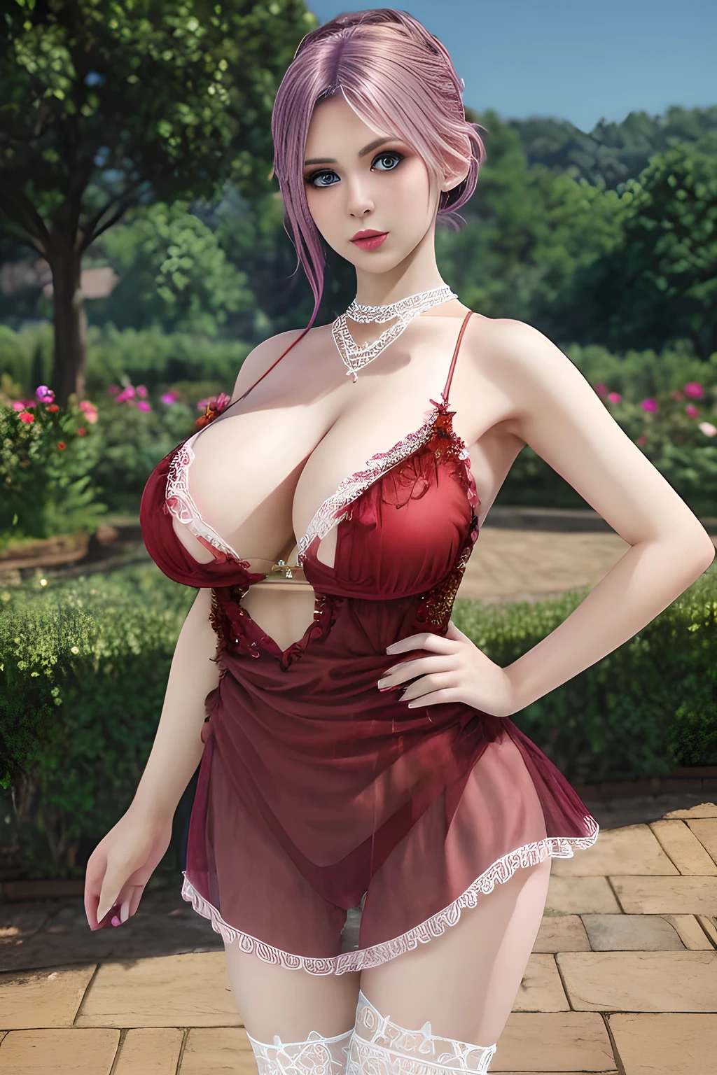 1girl,wore a red dress with delicate lace embellishments and her hair was tied up ,garden,moon,(huge breasts),lactating,(lip gloss),(masterpiece), best quality, (real life portrait photography:1.5),unltra detailed,8K,Shot with a professional-grade camera like the Nikon D850,every intricate detail is captured, from the subtlest expression to the glimmer of anticipation in her eyes,Focus on thighs and above,solo, elise,